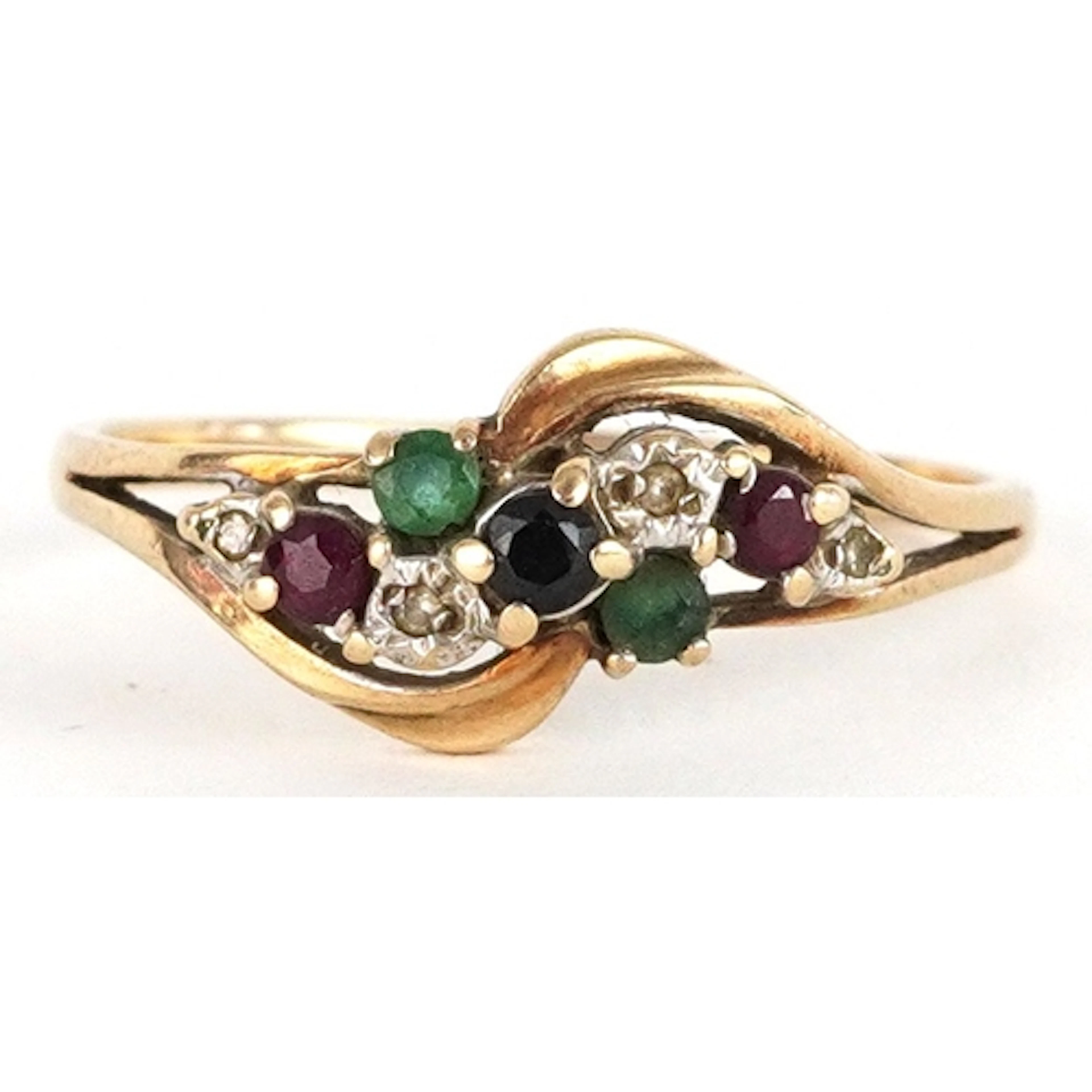 9ct gold multi gem crossover ring set with diamonds, emerald...