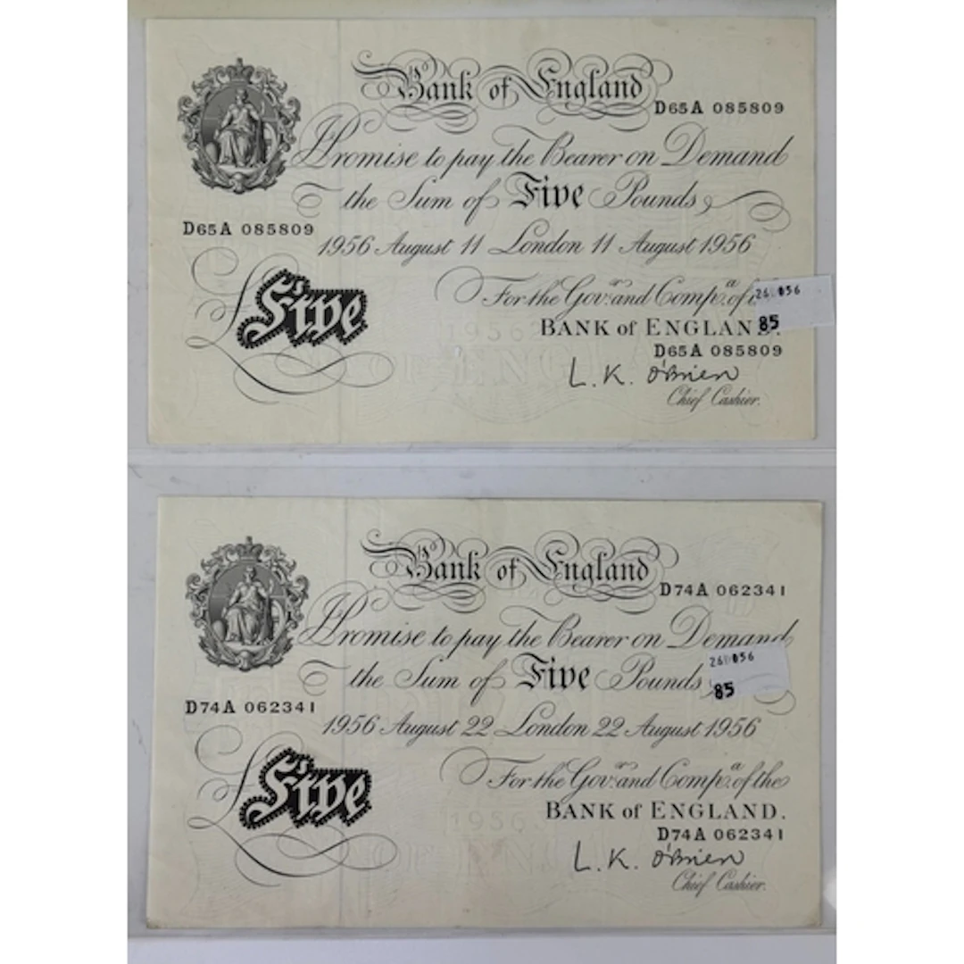 Banknotes: L K O'Brien £5 notes (2), serial numbers D65A 085...