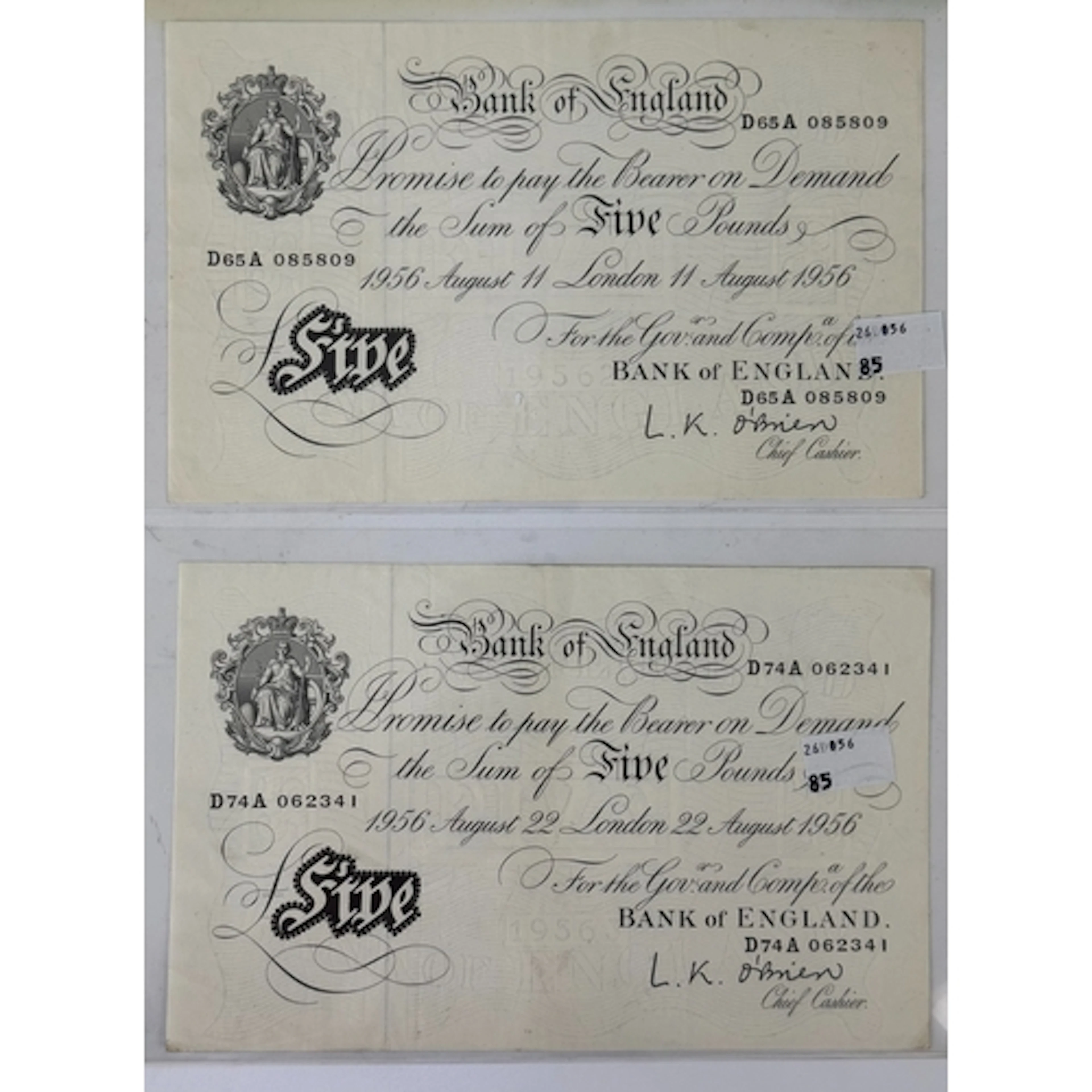 Banknotes: L K O'Brien £5 notes (2), serial numbers D65A 085...