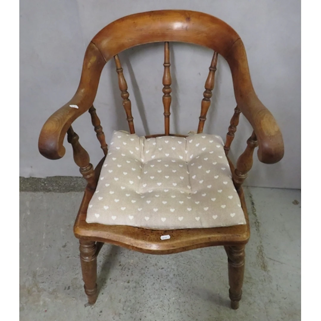 Antique Oak Bow Backed Armchair with woven seat, turned spla...