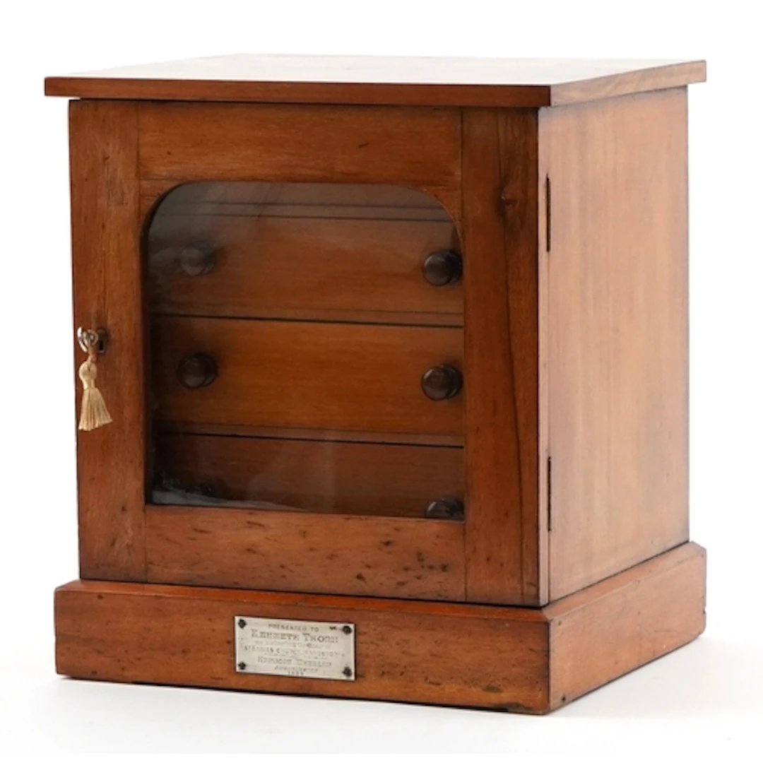 Edwardian mahogany four drawer collector's cabinet with glaz...