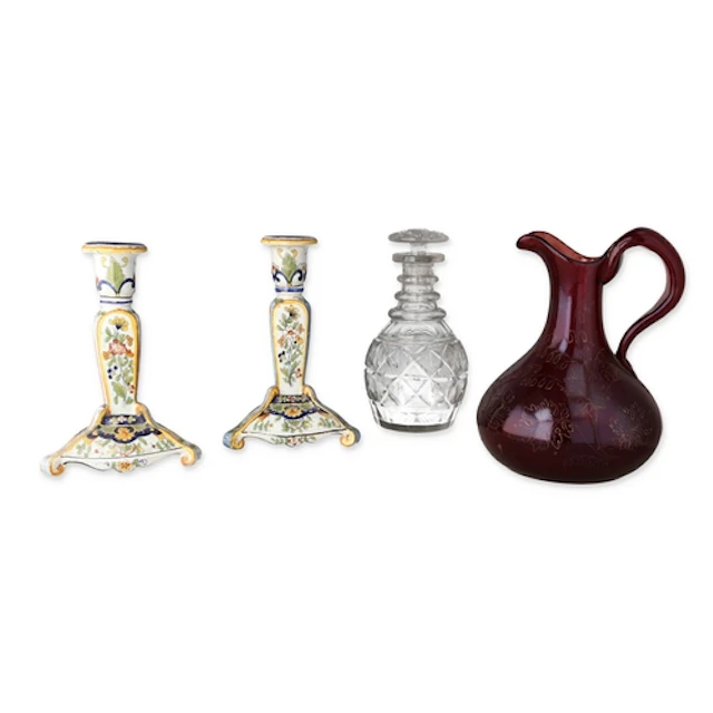 A LATE REGENCY CUT GLASS DECANTER, A BOHEMIAN RUBY GLASS JUG...