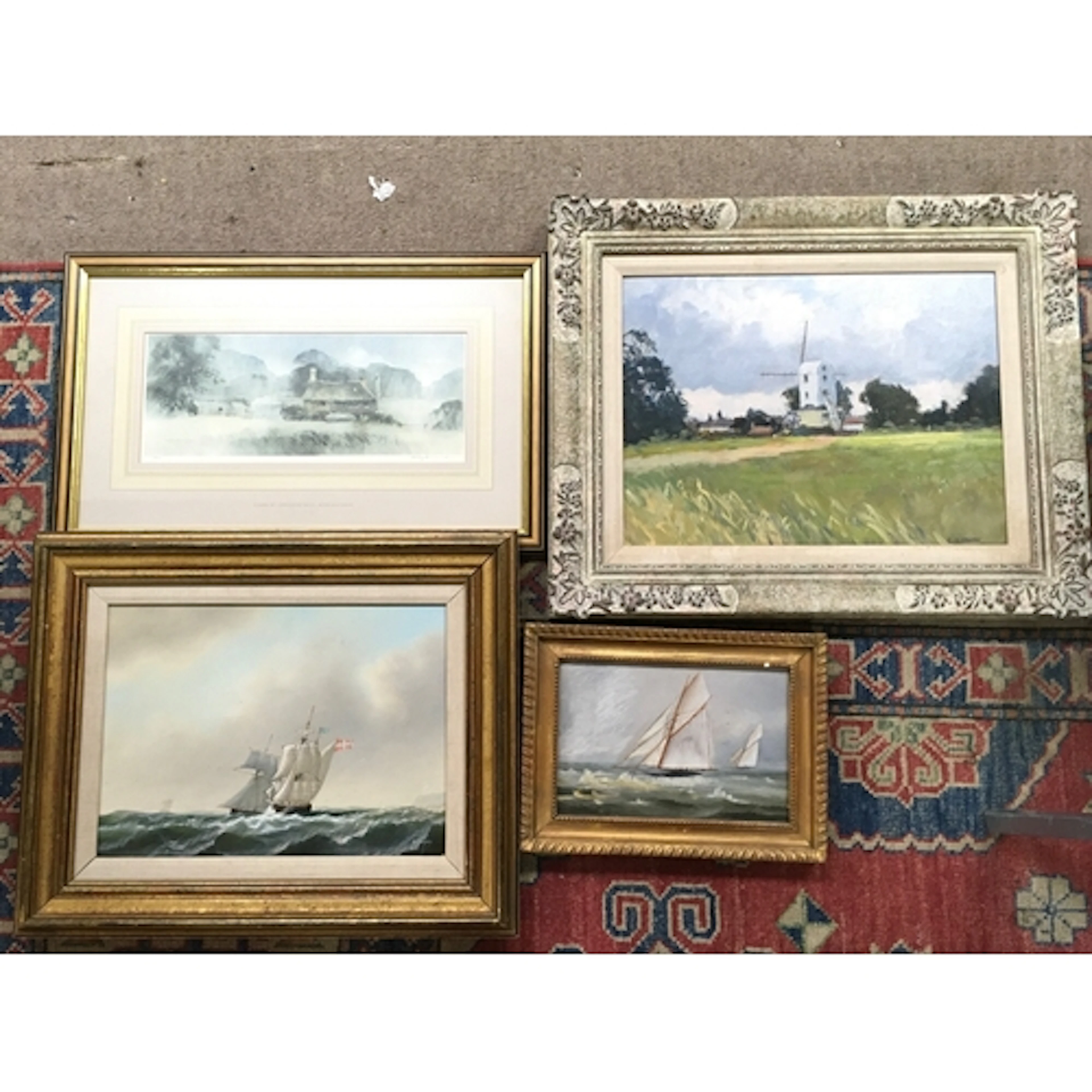Four paintings including an oil painting by J. Bourne of a s...