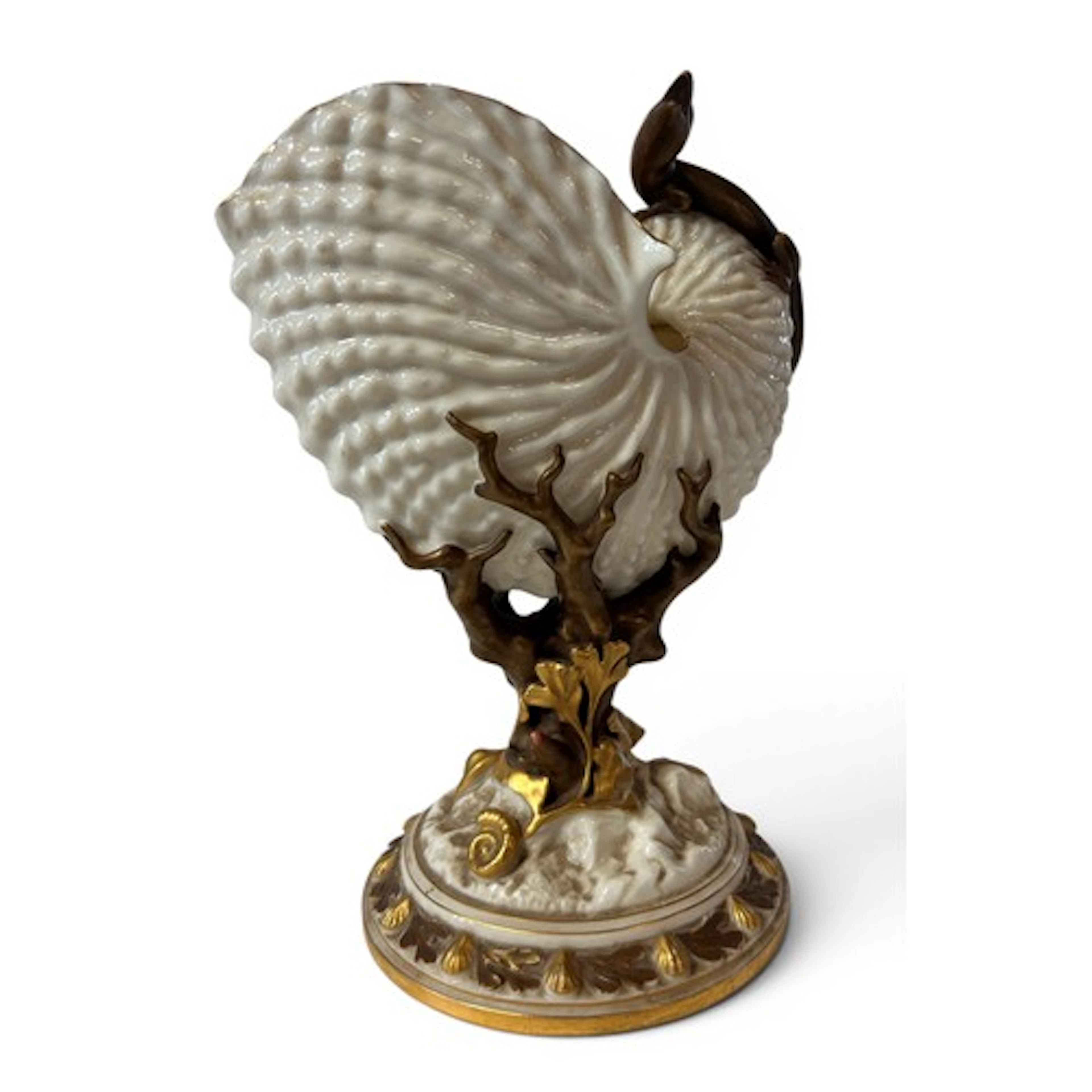 A Worcester porcelain nautilus shell raised on a marine and ...