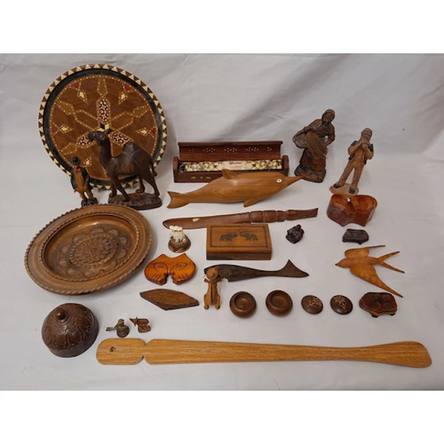 Woodware incl. Middle Eastern style inlaid tray, camel figur...