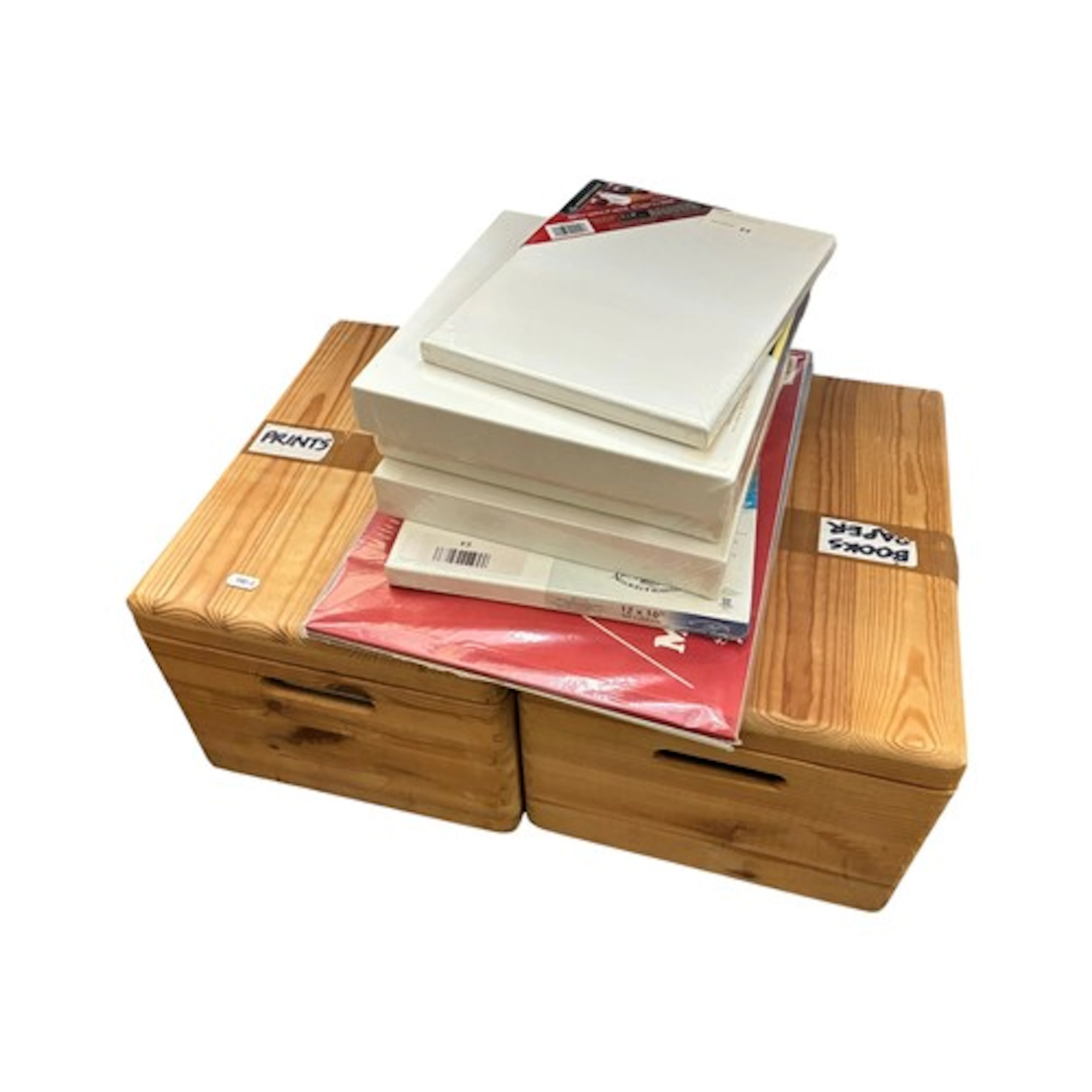 ART MATERIALS: Two pine storage boxes containing mounted pri...