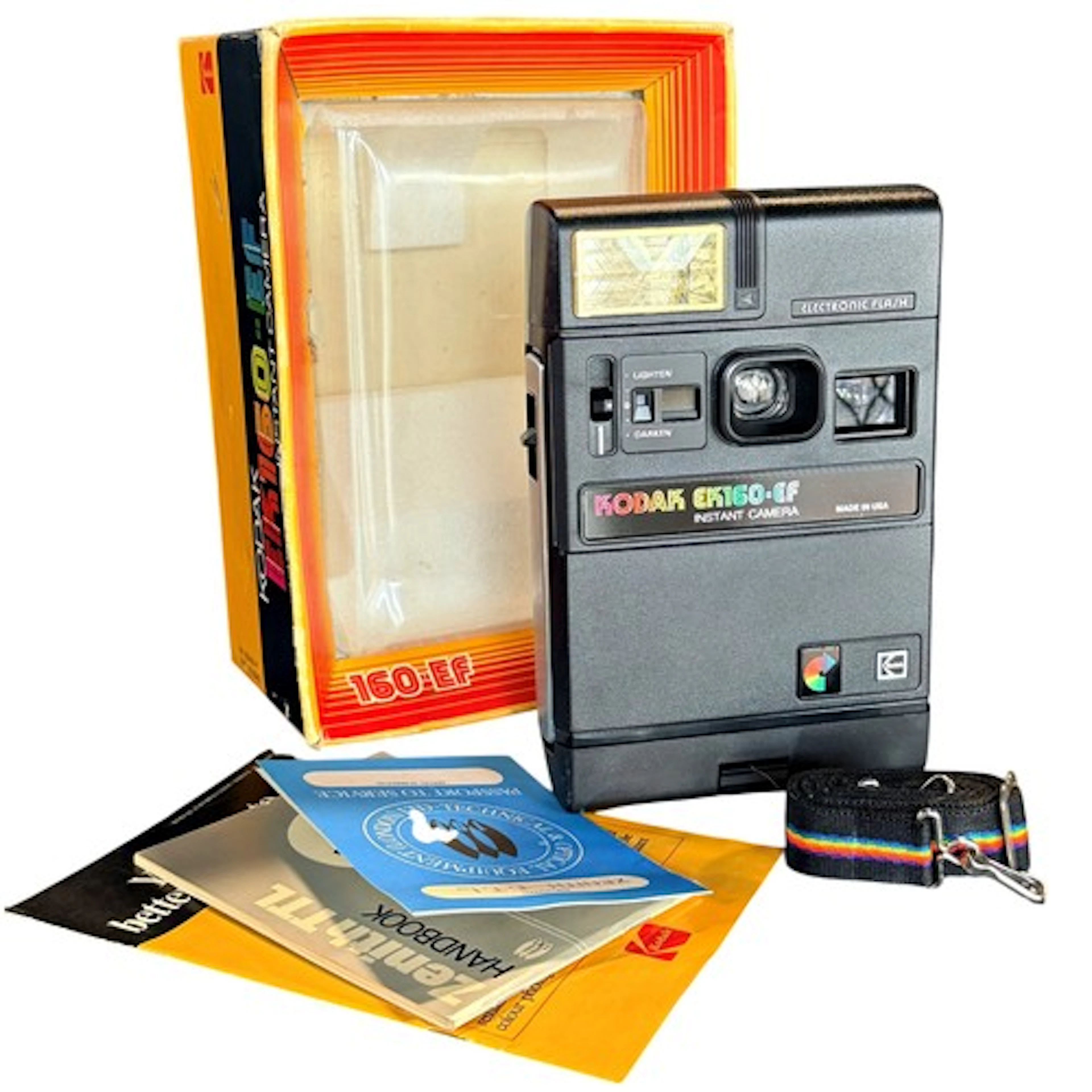 A Kodak 160 E F instant camera with box and booklet
