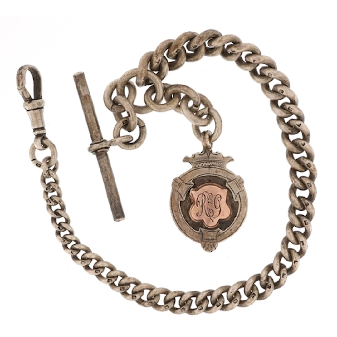 Graduated silver watch chain with dog clip clasp, T bar and ...