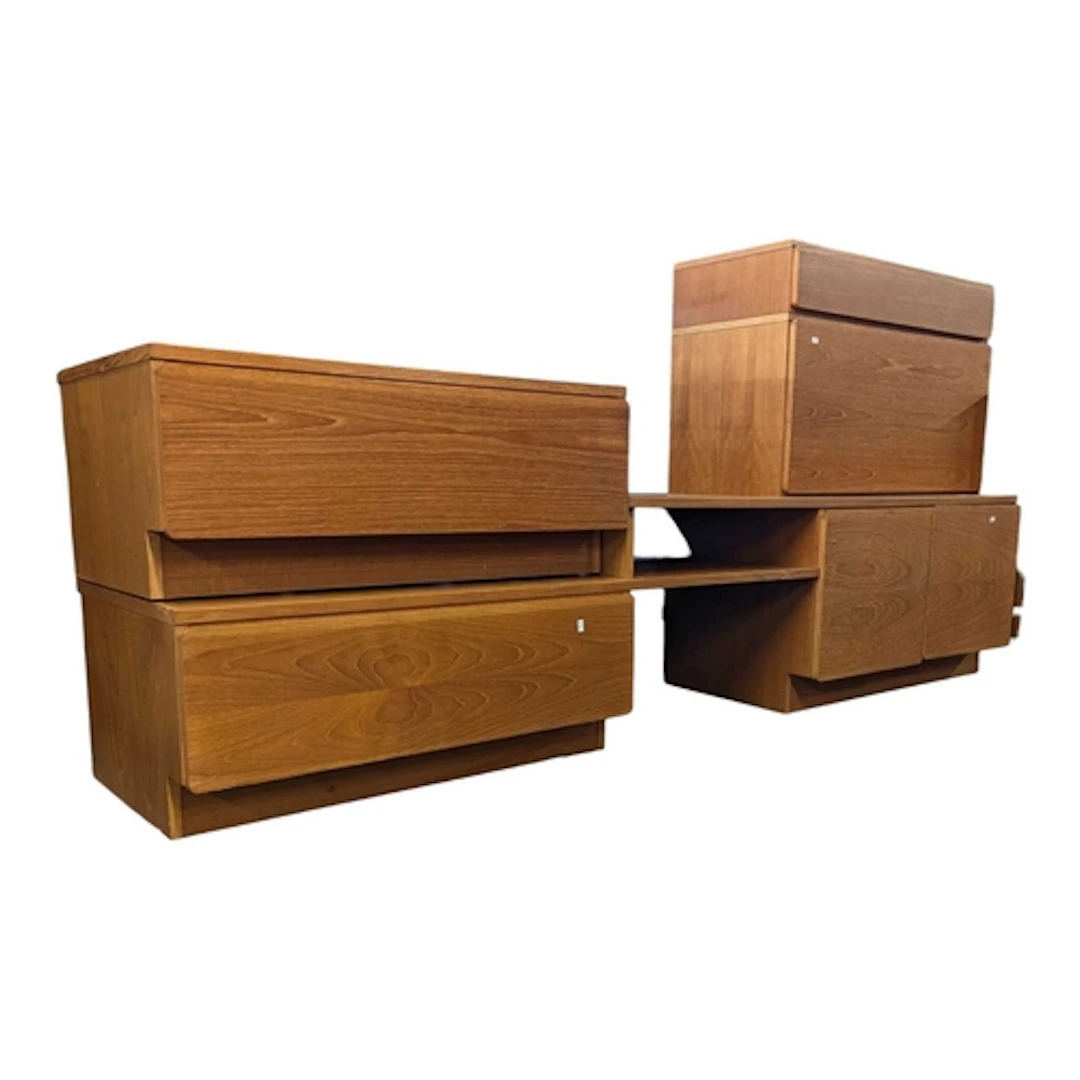 A 20th century Tapley teak modular wall cabinet system. Incl...