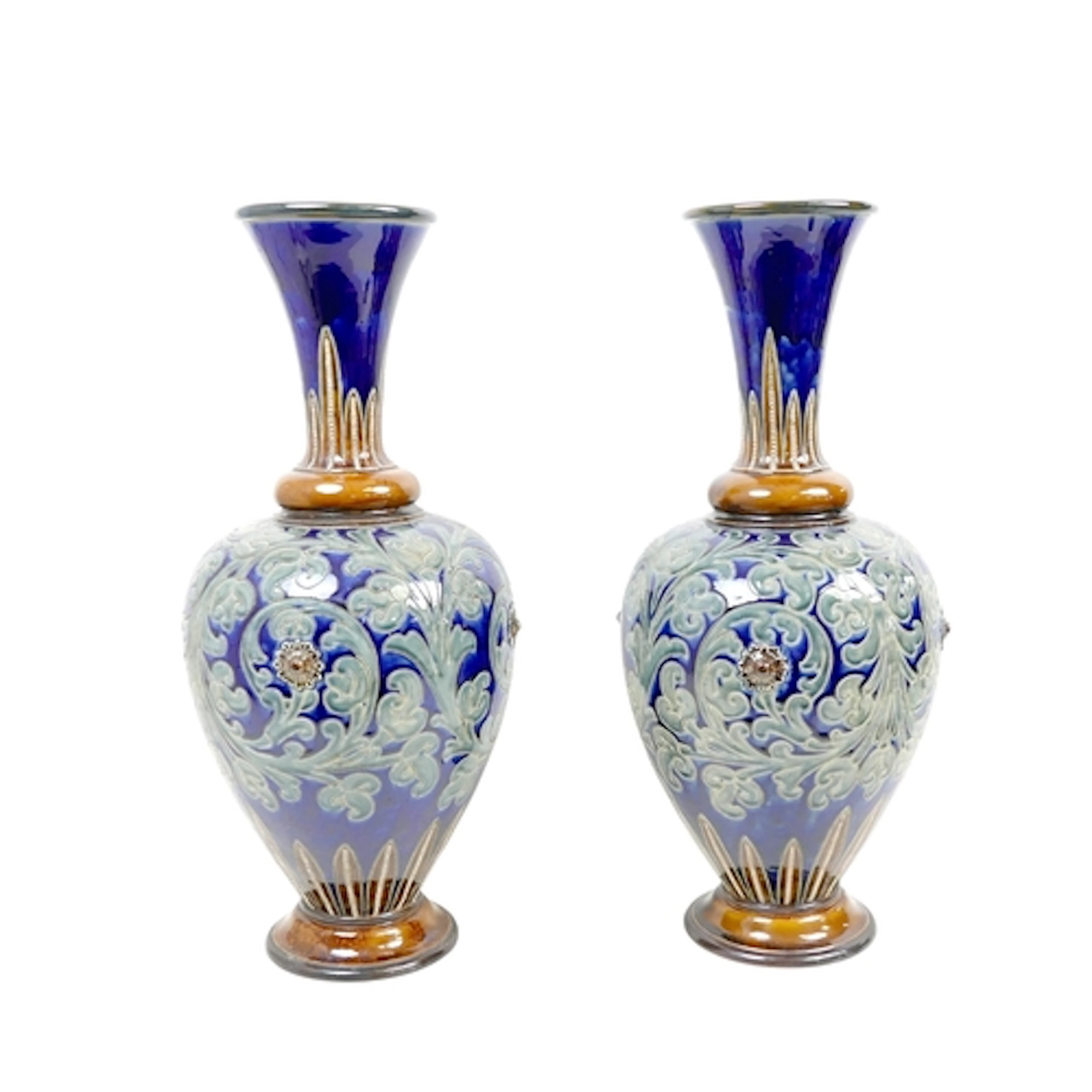 A PAIR OF 19TH CENTURY ROYAL DOULTON LAMBETH WARE VASES. Des...