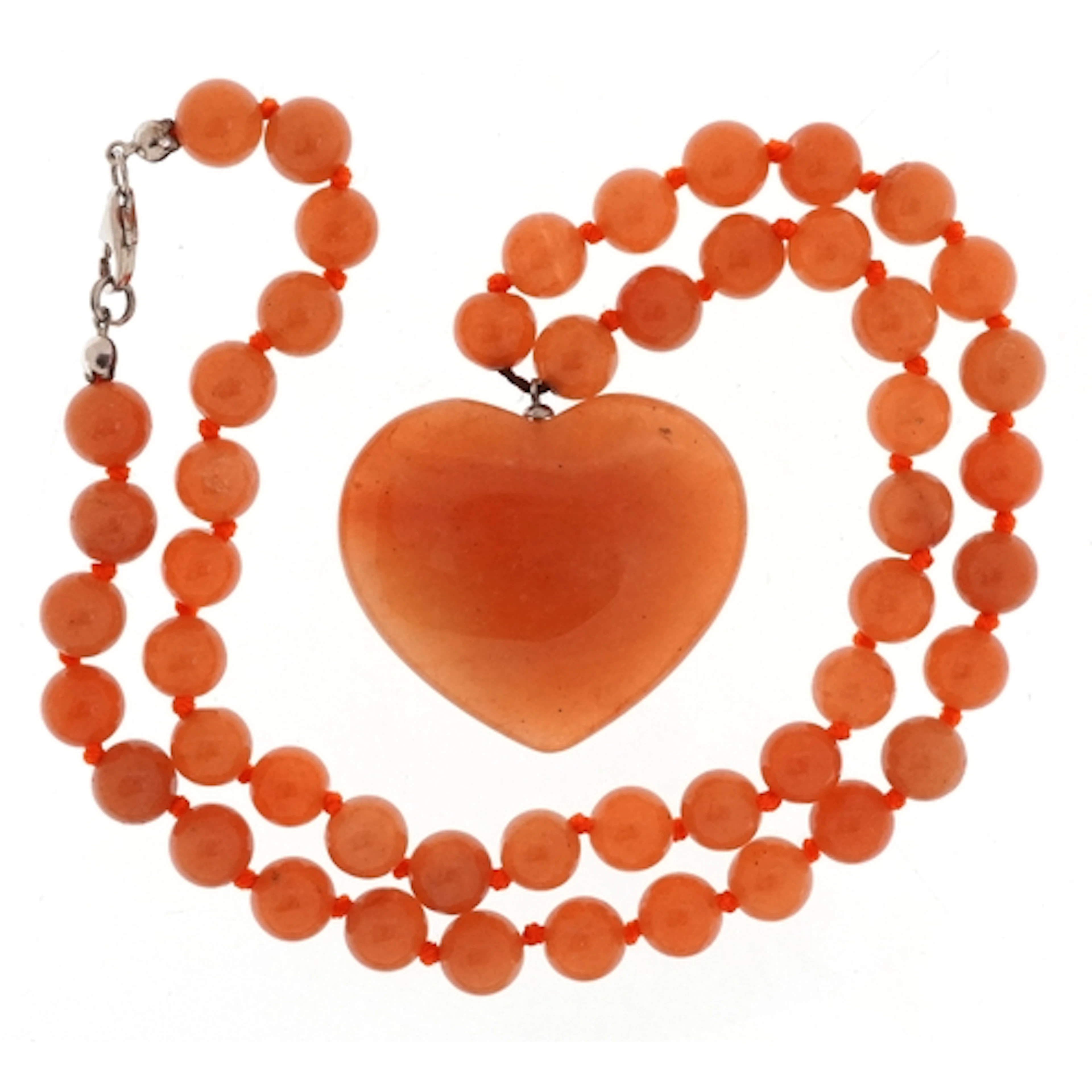 Orange aventurine stone love heart and bead necklace, each b...