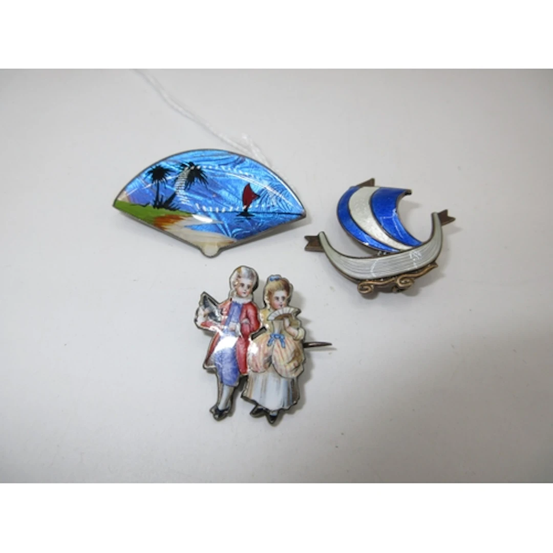 Norway Sterling Silver and Enamel Longboat Brooch, Silver an...