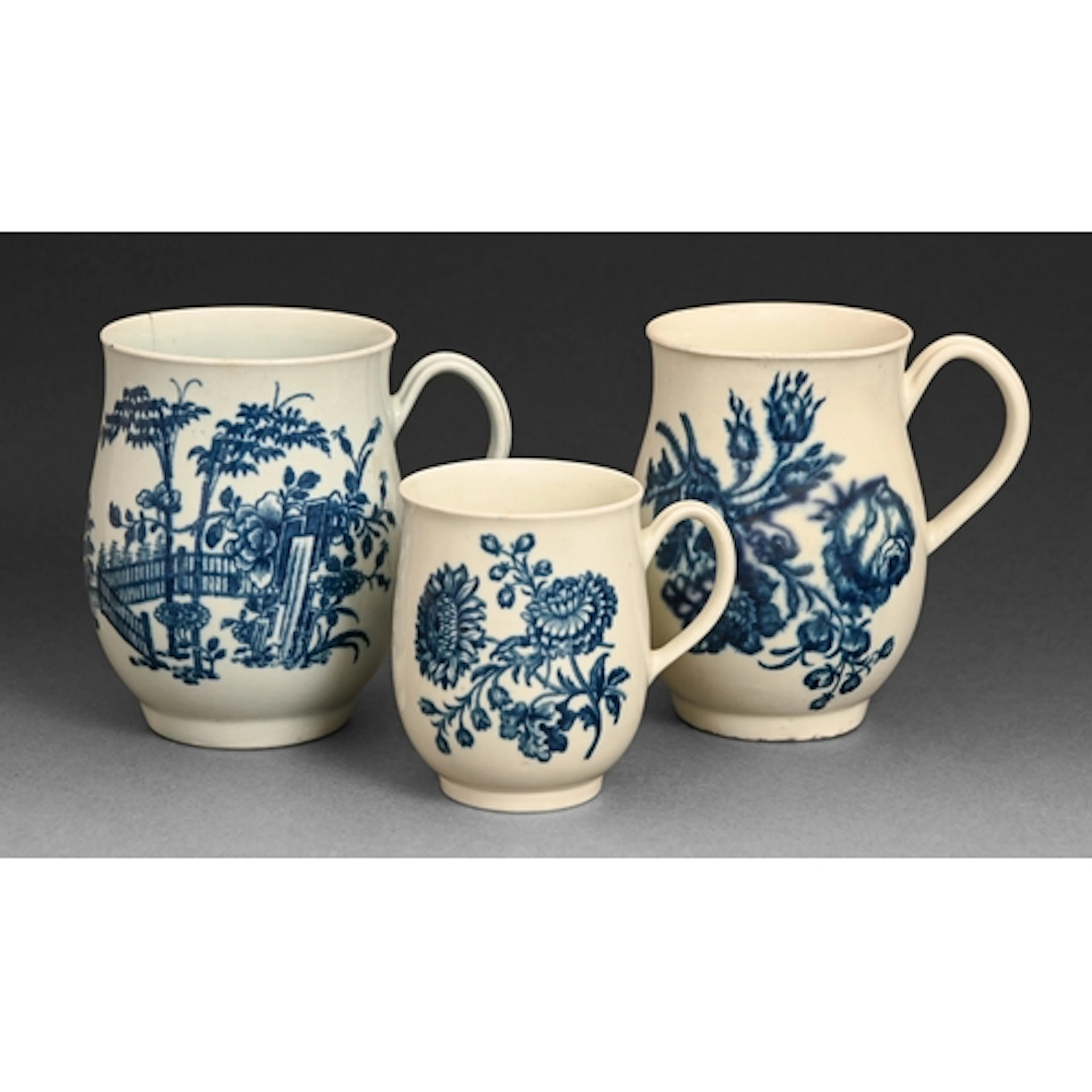 Three Worcester blue and white baluster mugs, c1760-1770, pa...