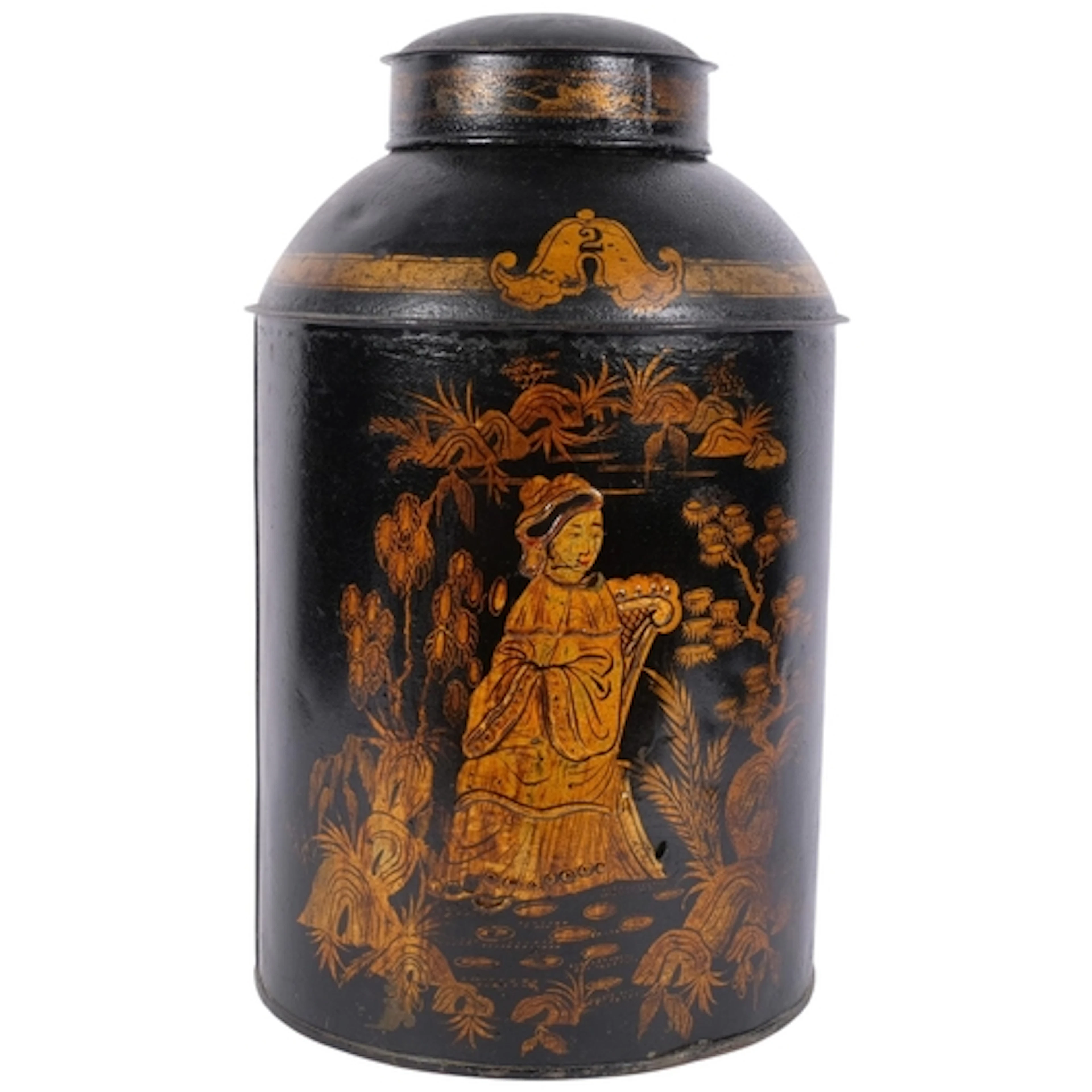 A black lacquered and gilded Oriental design tea caddy, Tole...