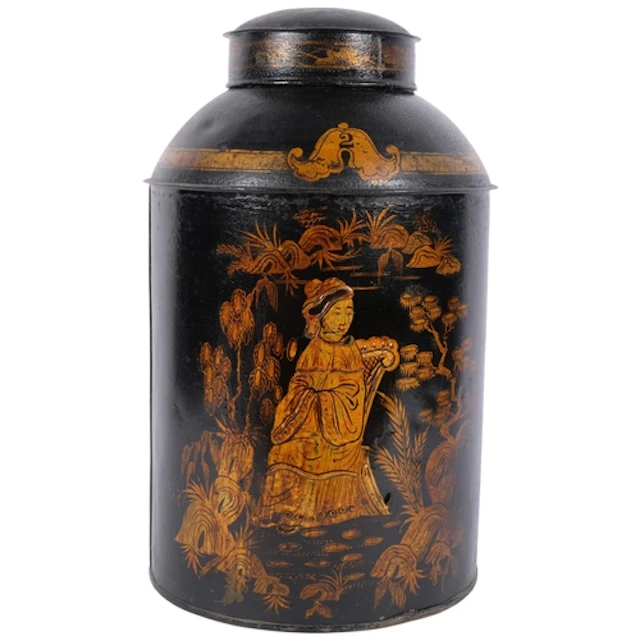 A black lacquered and gilded Oriental design tea caddy, Tole...