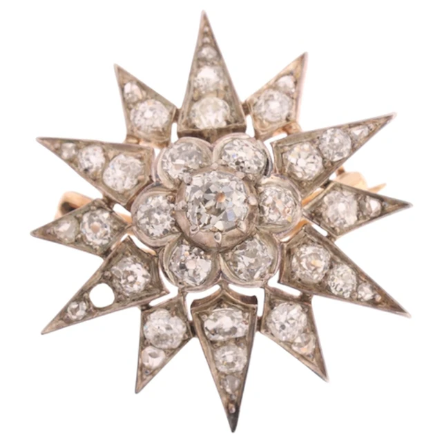 An Antique Victorian gold and silver diamond starburst brooc...
