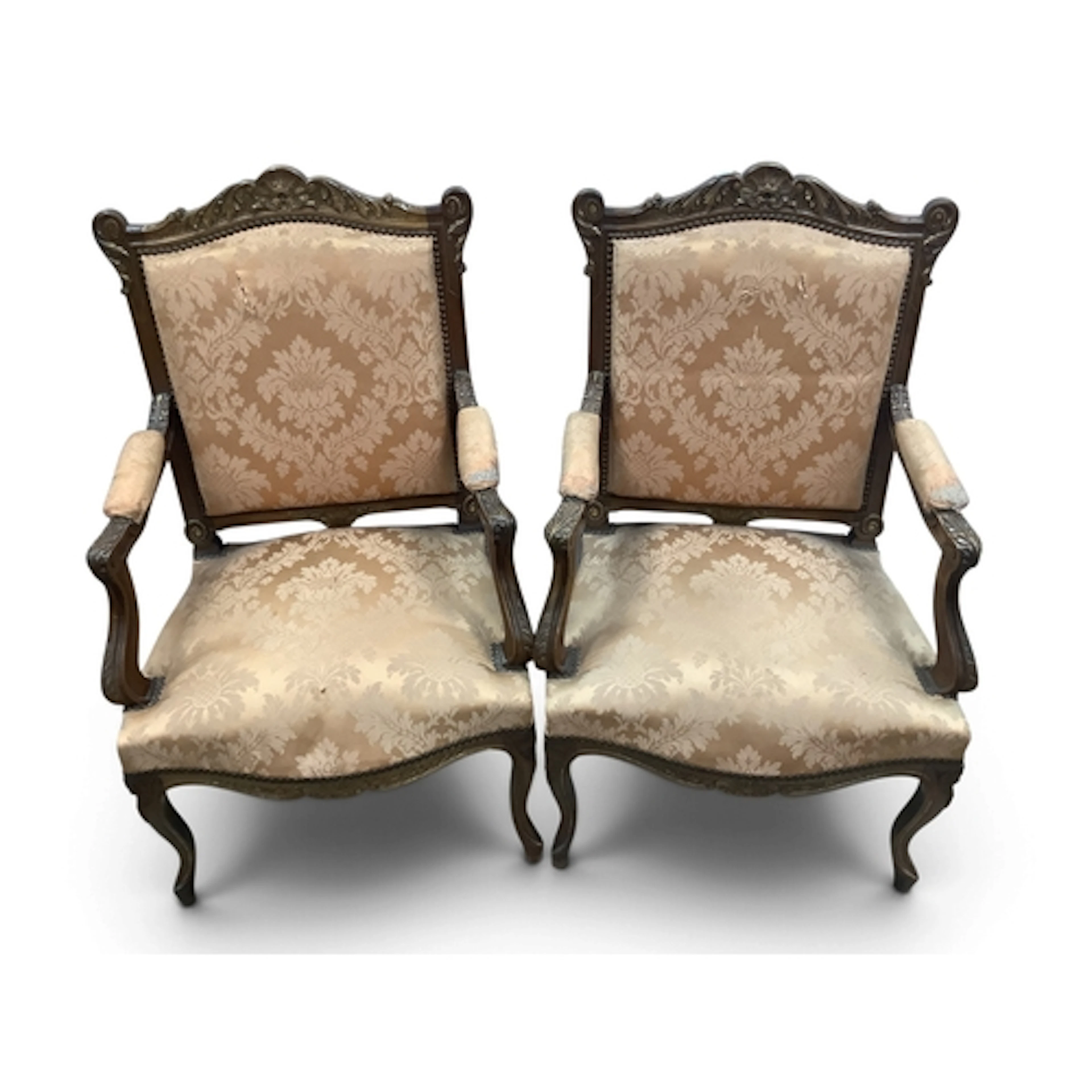 Pair of French Style Carved Walnut Salon Armchairs, with she...