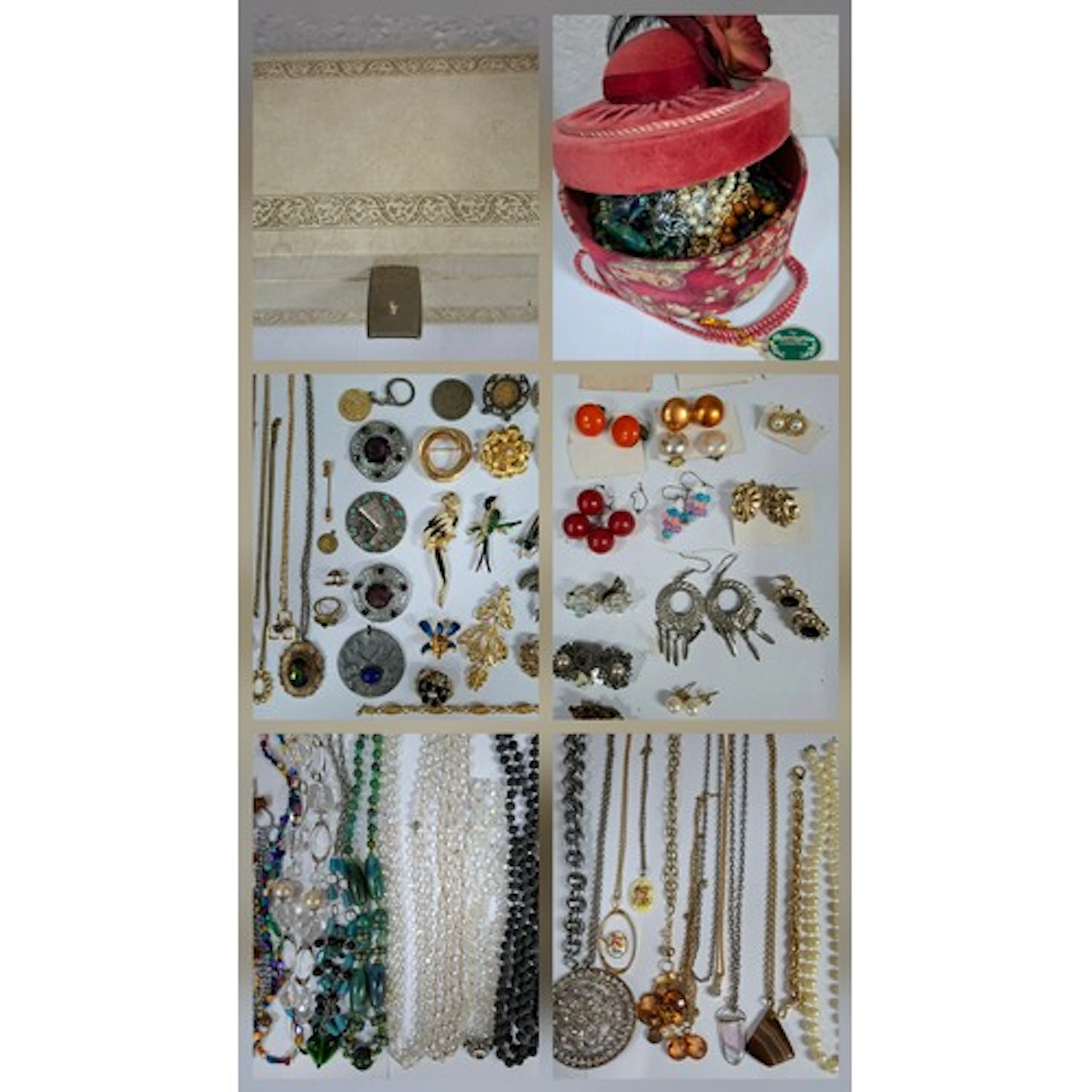 A 1970's cream jewellery chest together with a fabric box in...