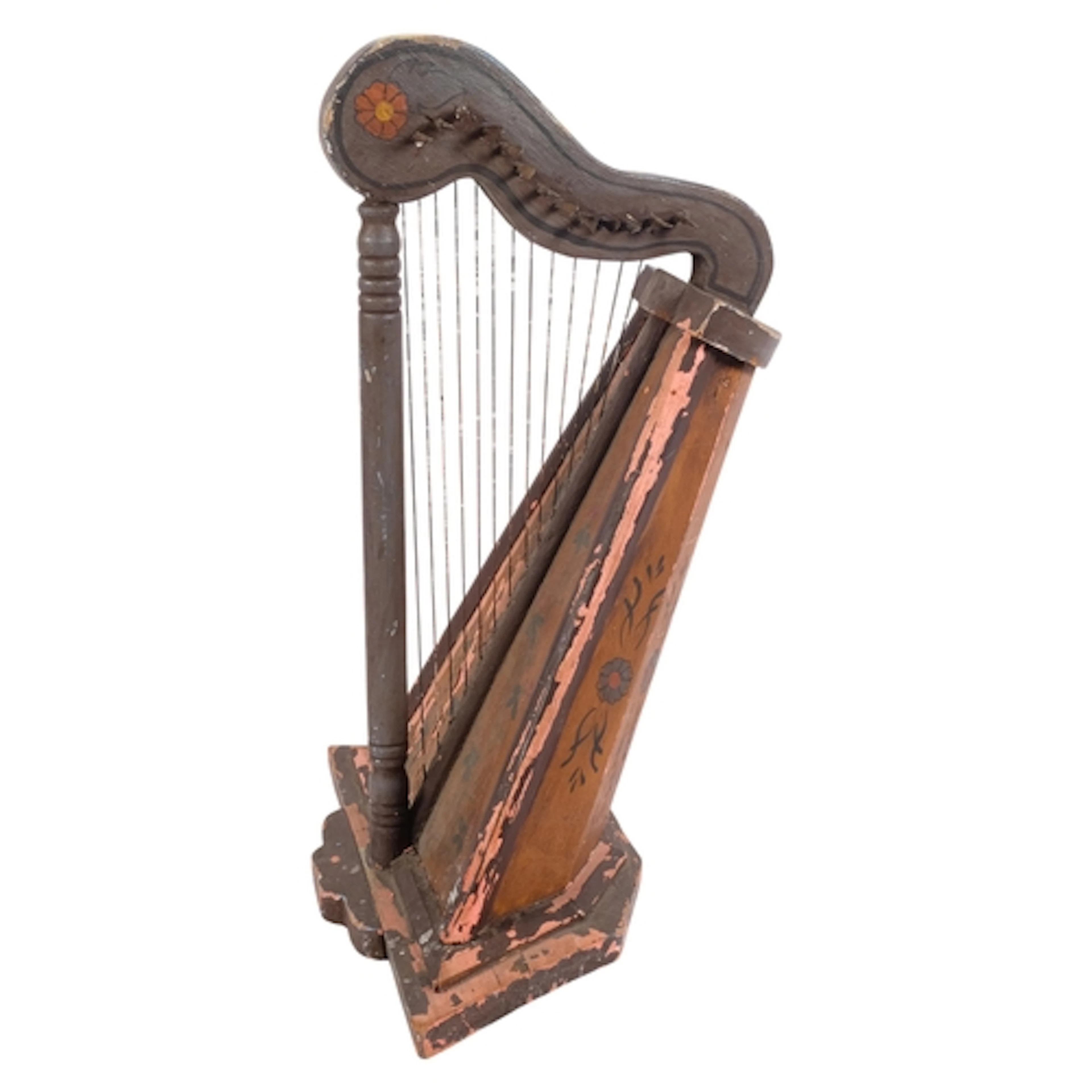 A Vintage naively handmade Folk Art painted table harp, A/F,...