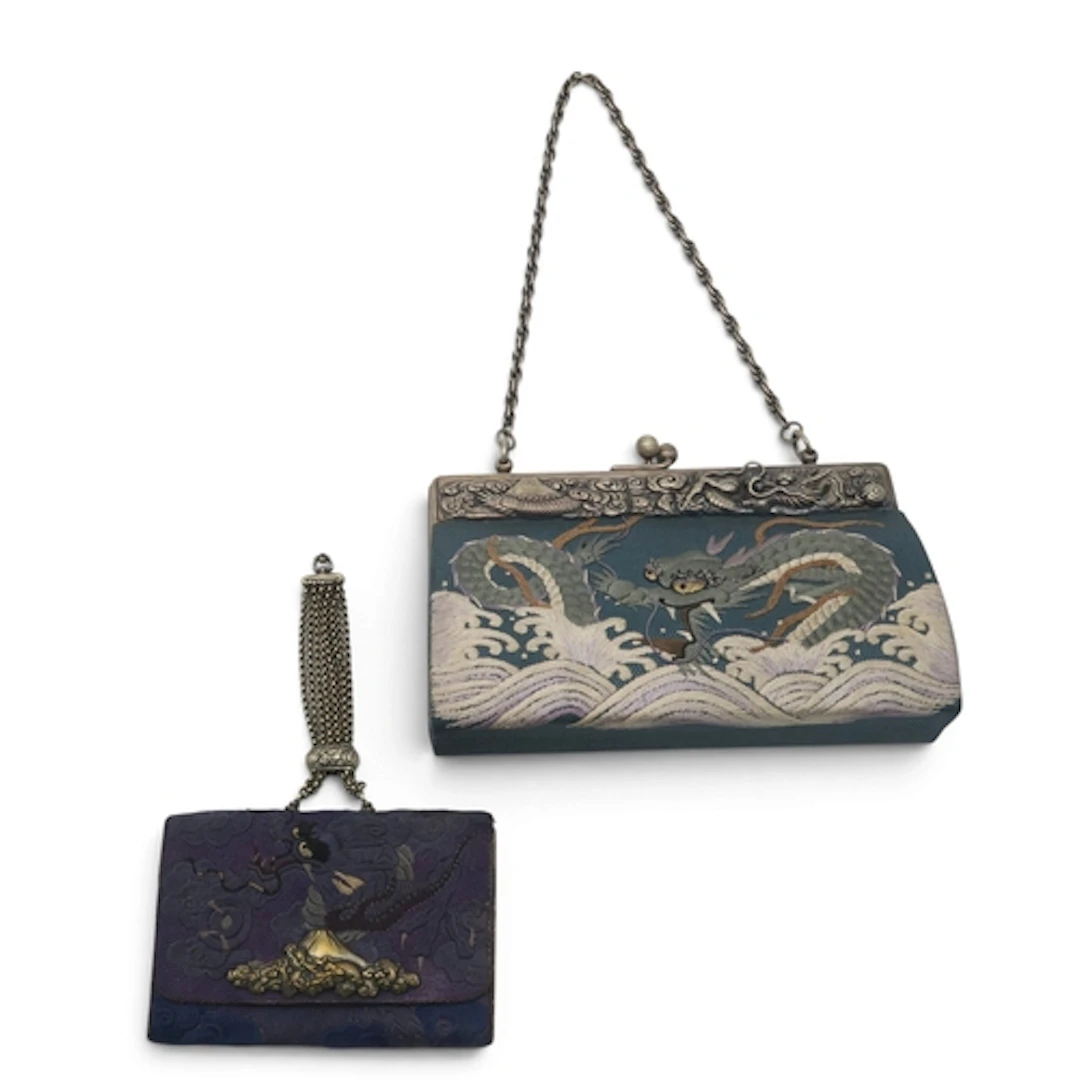 A Japanese tobacco pouch (Tabako-ire) embroidered in blues w...