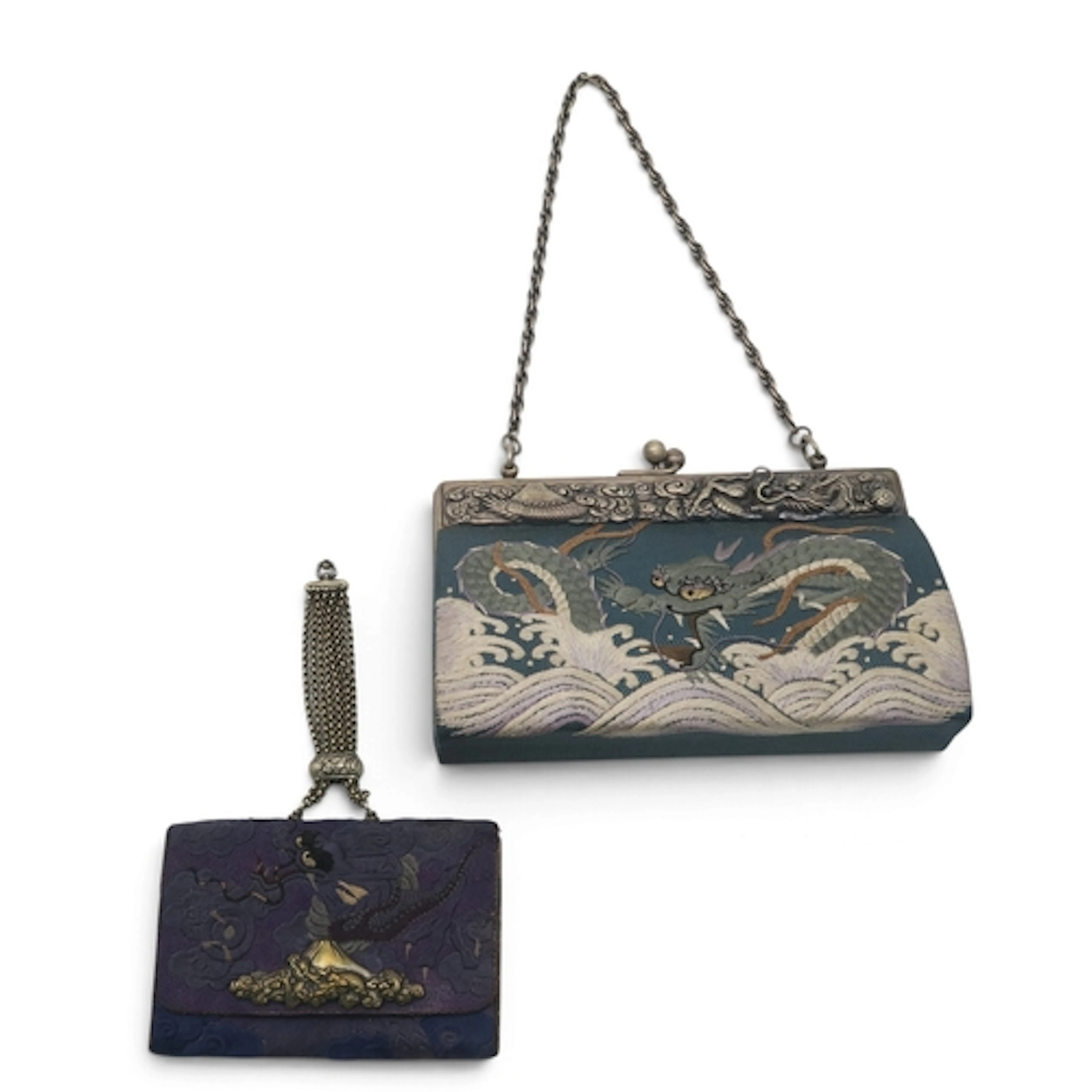 A Japanese tobacco pouch (Tabako-ire) embroidered in blues w...