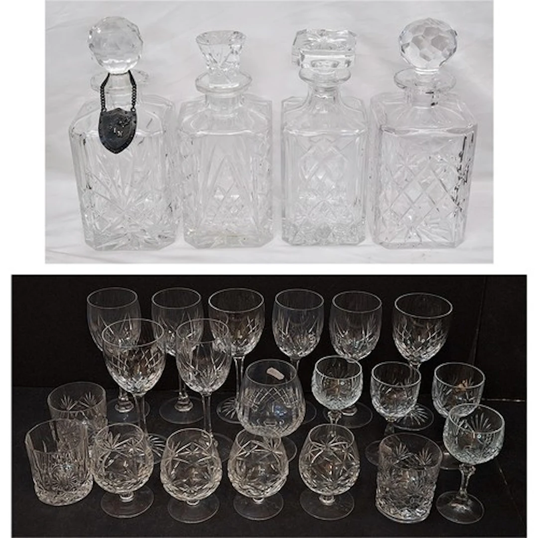 4 Crystal Decanters, some with mismatched stoppers, 1 marked...