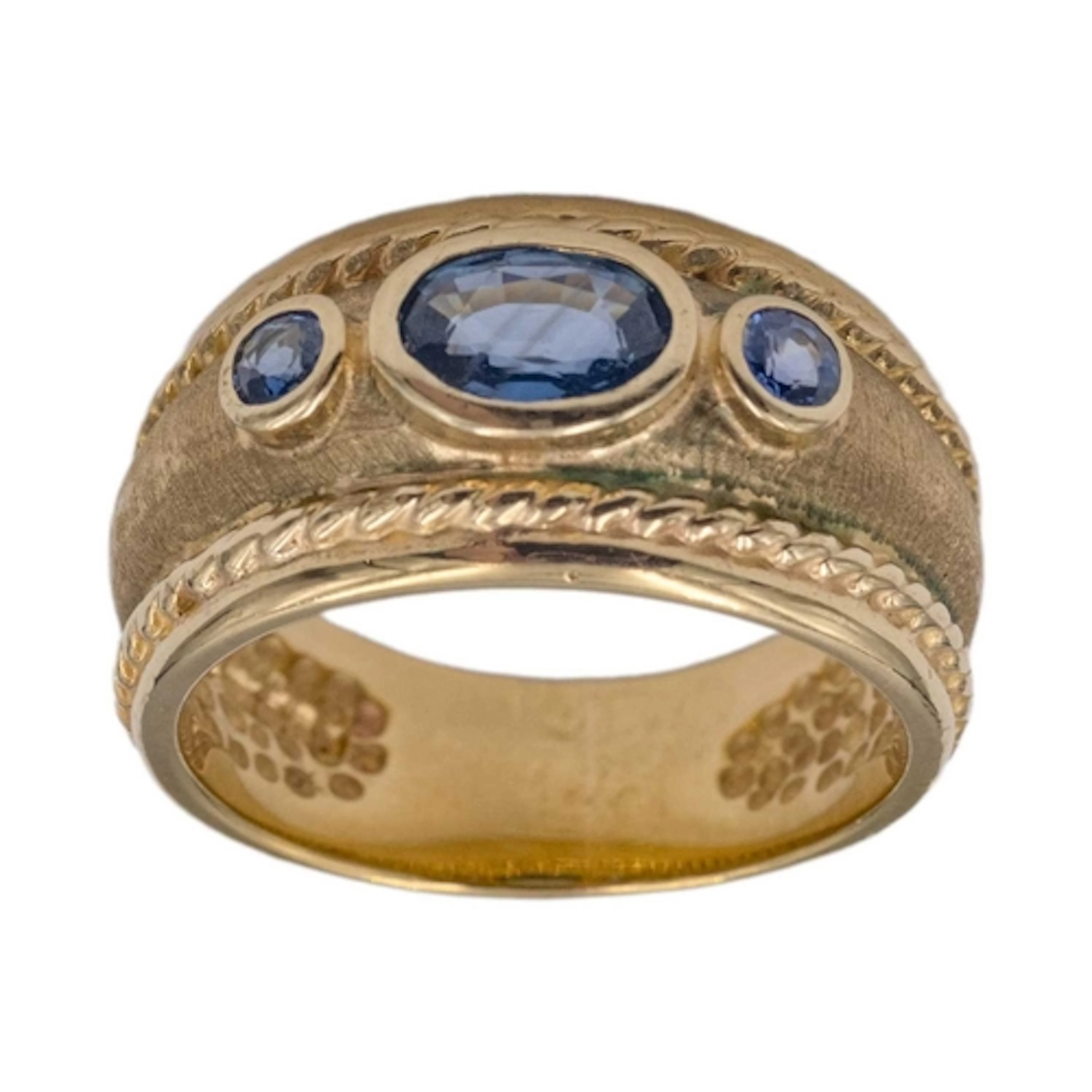 A modern 9k gold and blue sapphire three-stone Byzantine ban...