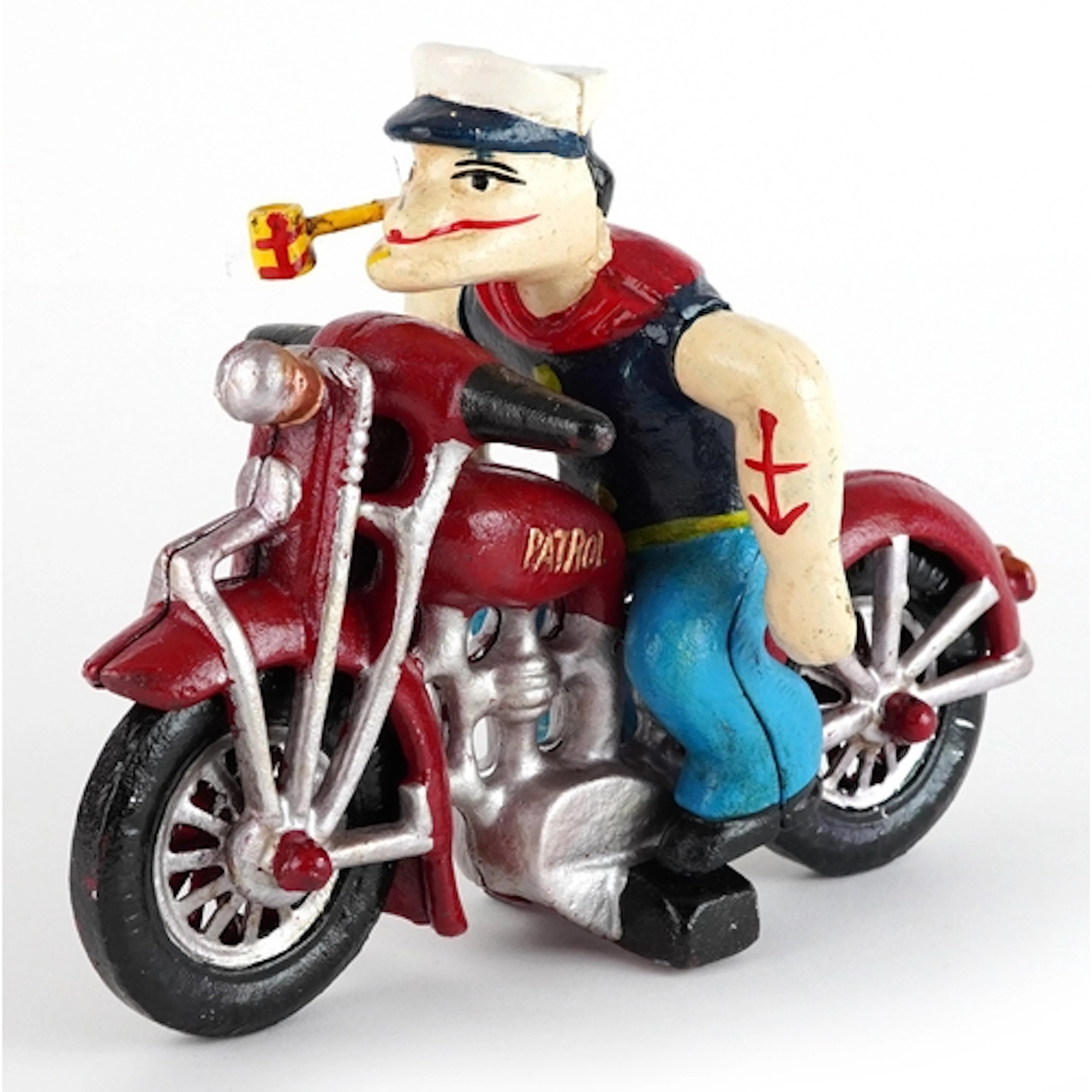 Novelty cast iron figure of Popeye riding a motorbike, 22cm ...