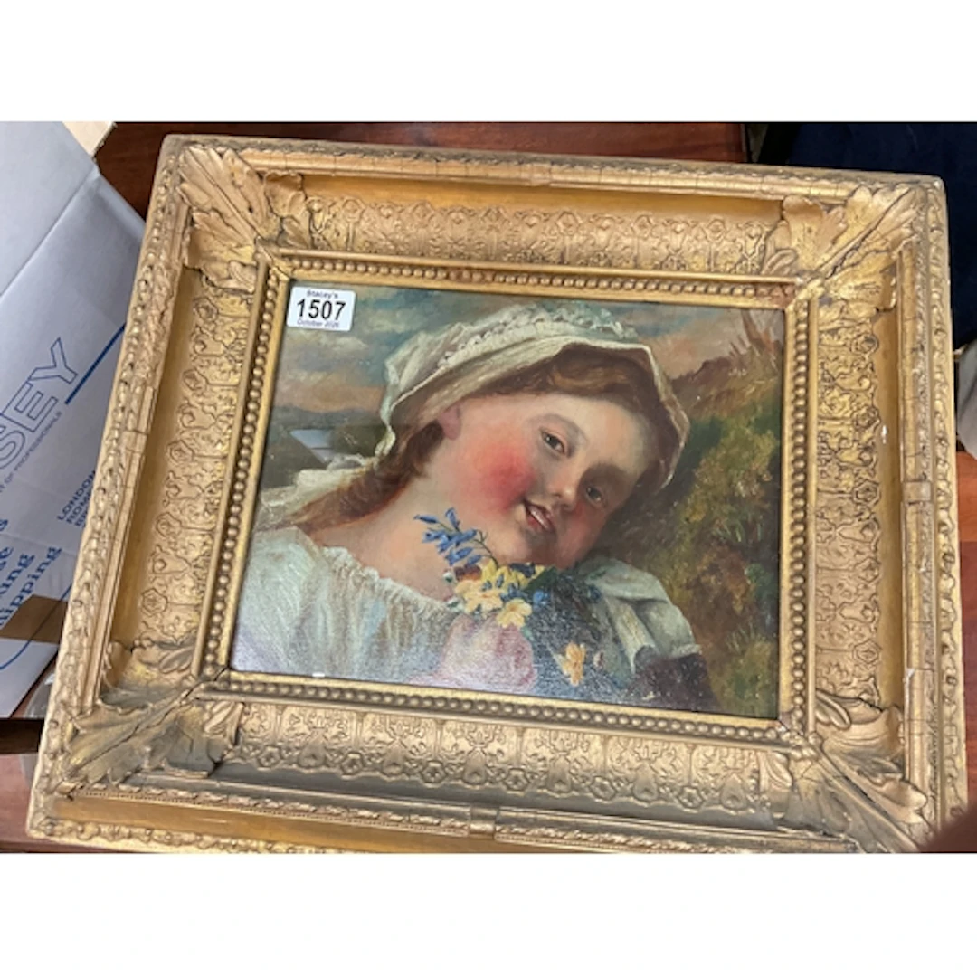 19th C oil on canvas of young girl with flowers, H23 cm x 29...