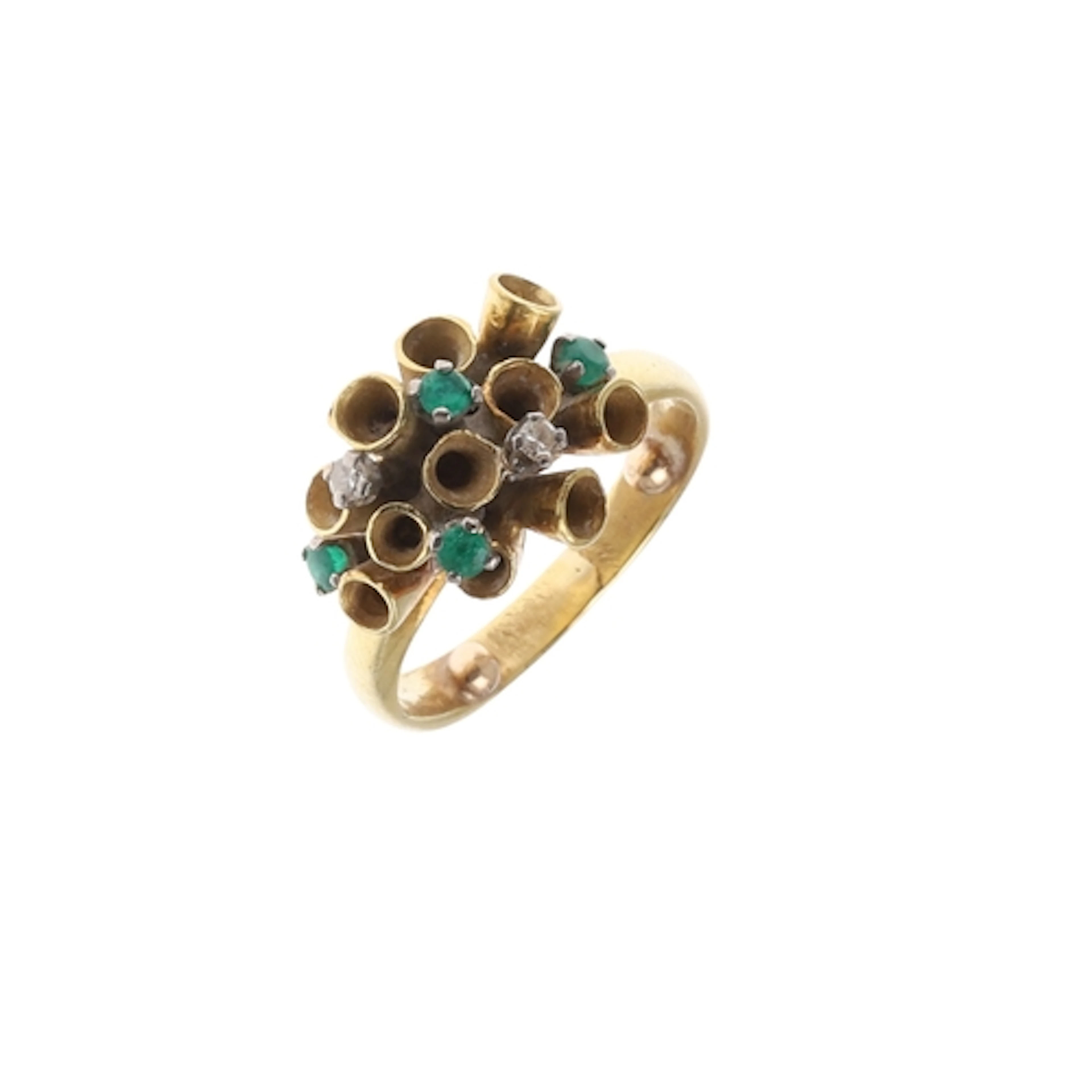 AN EMERALD, DIAMOND AND 18CT GOLD RING. of abstract trumpet ...