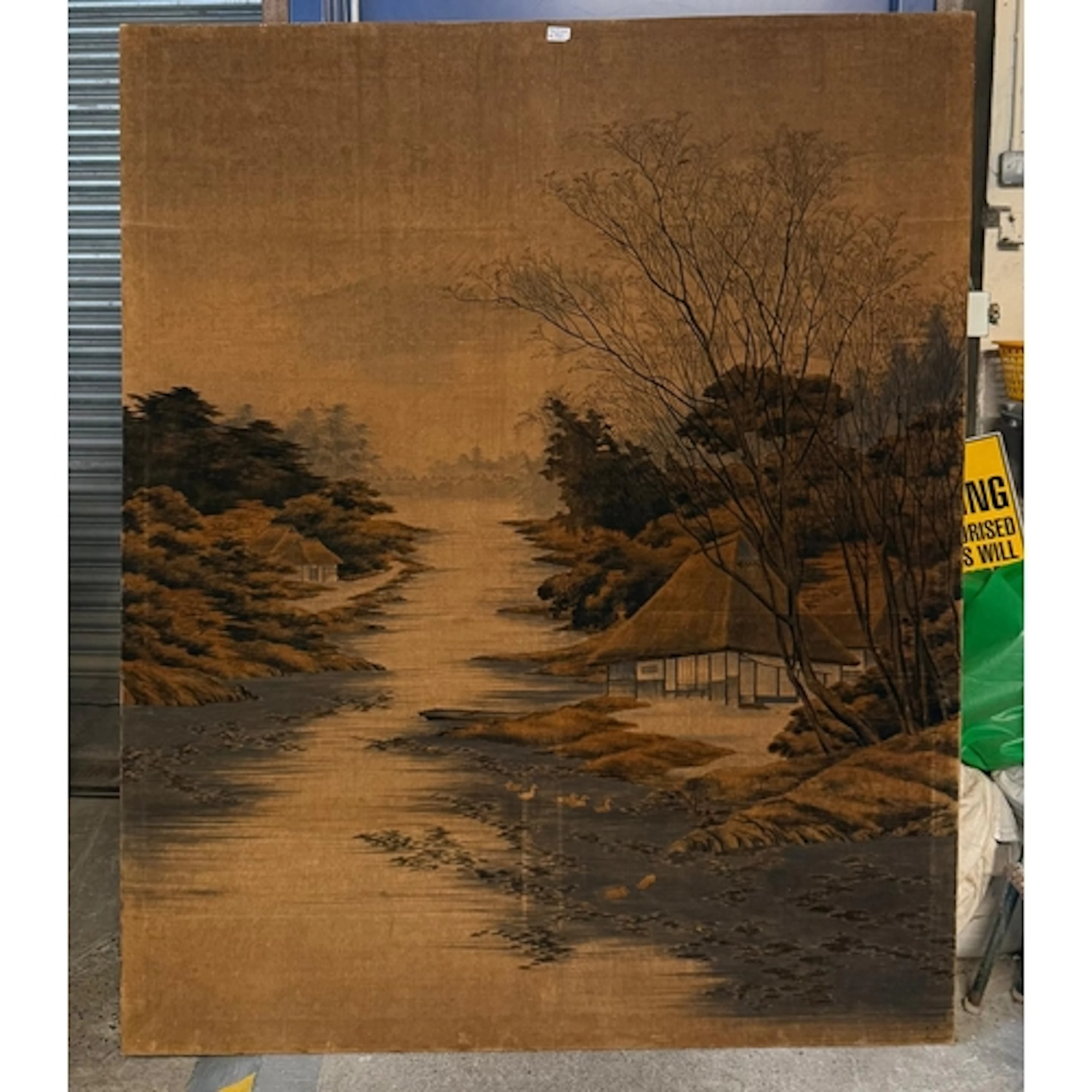 Large Chinese landscape panel painted upon fabric, with wood...
