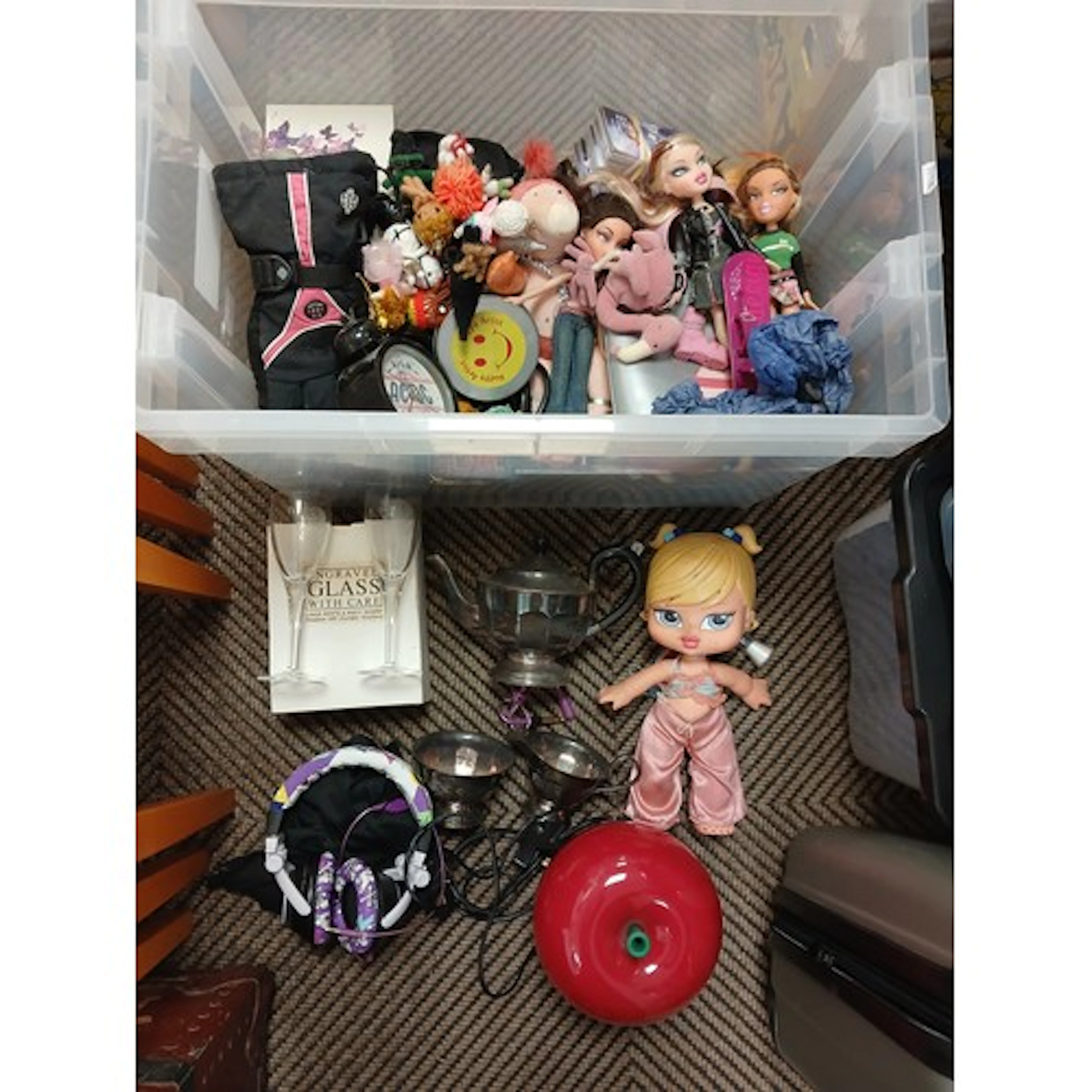 Bratz dolls, glassware, ep, three piece tea set, headphones,...