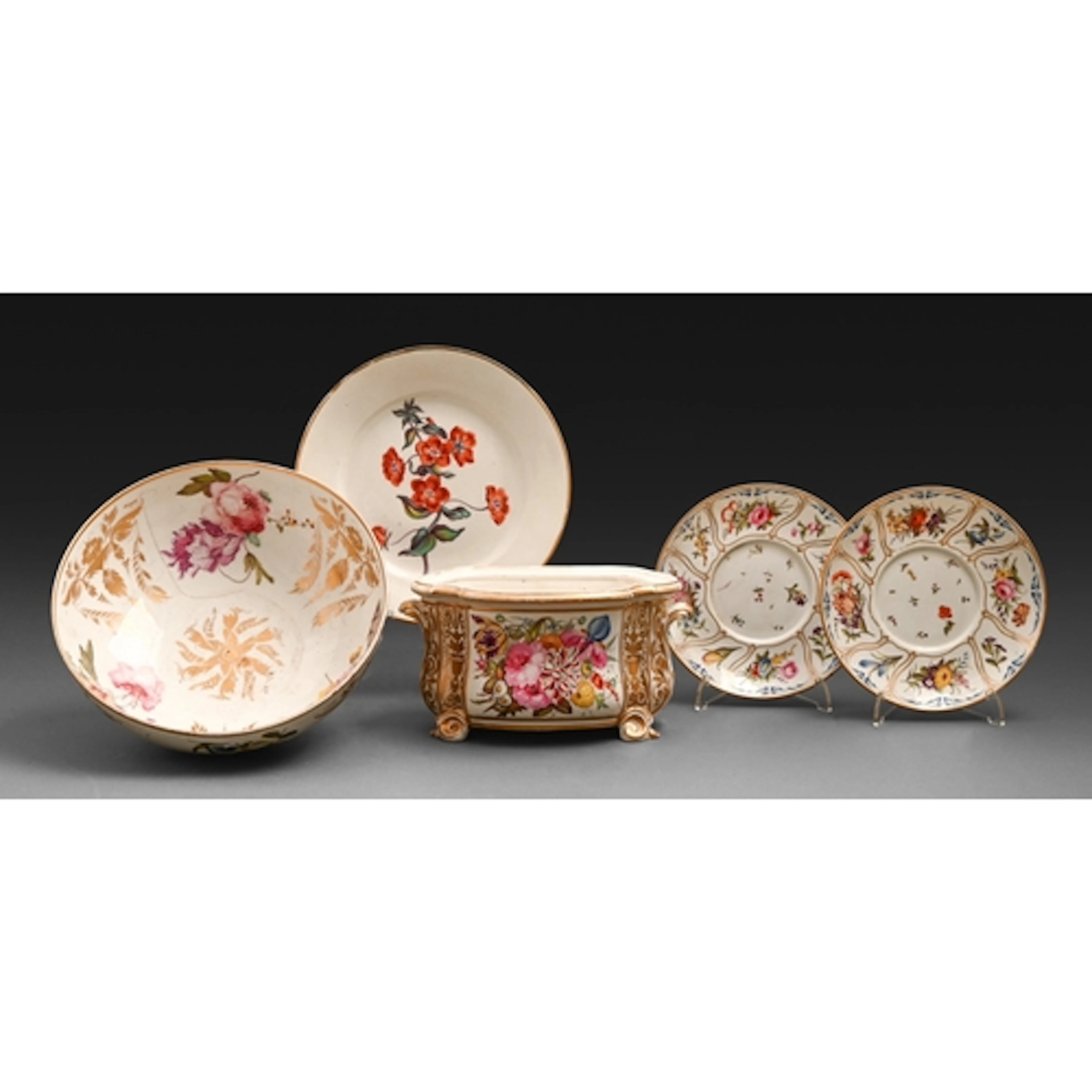A Derby bough pot, c1820, painted with a panel of flowers wi...
