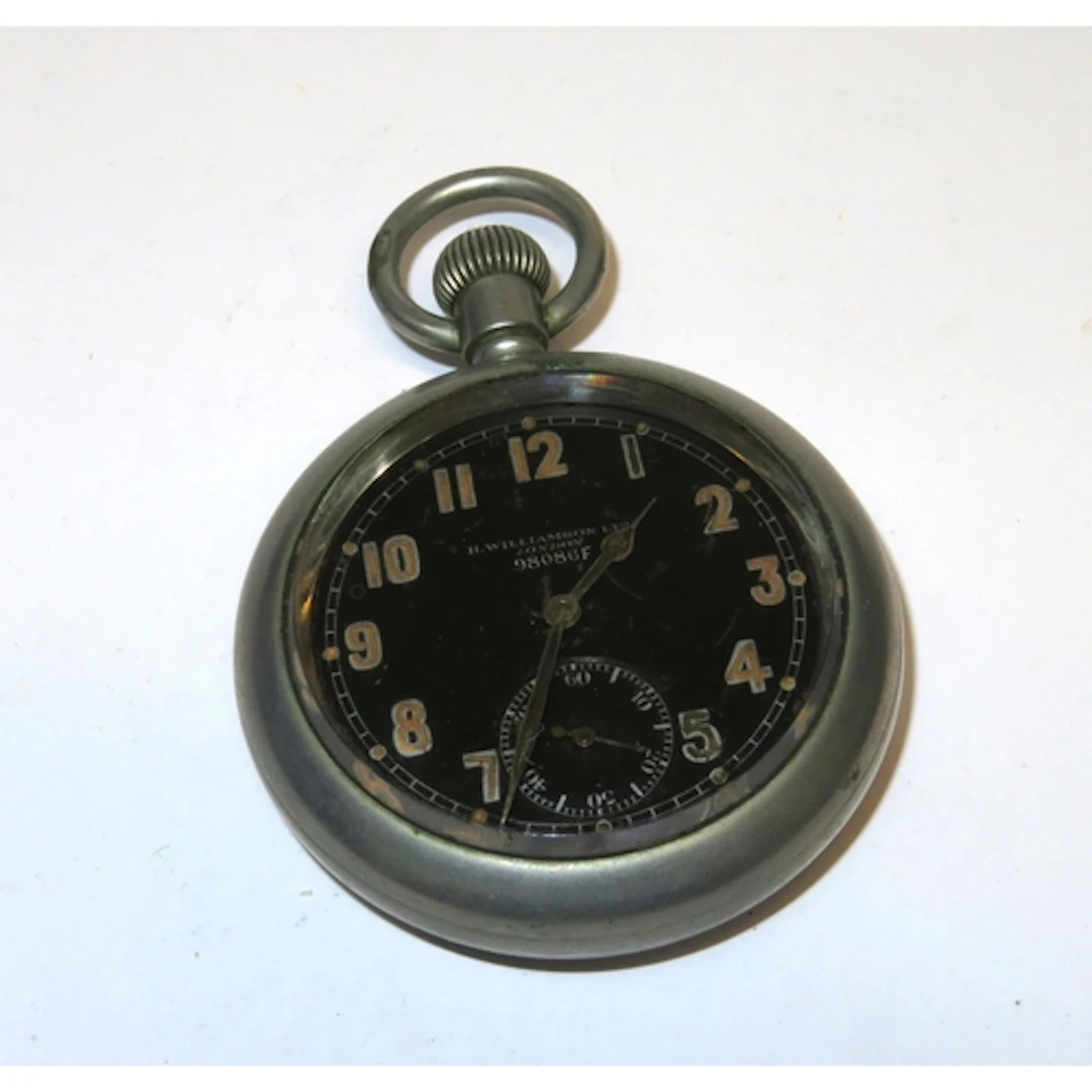 WWI pocket watch, the black dial with Arabic numerals, and s...