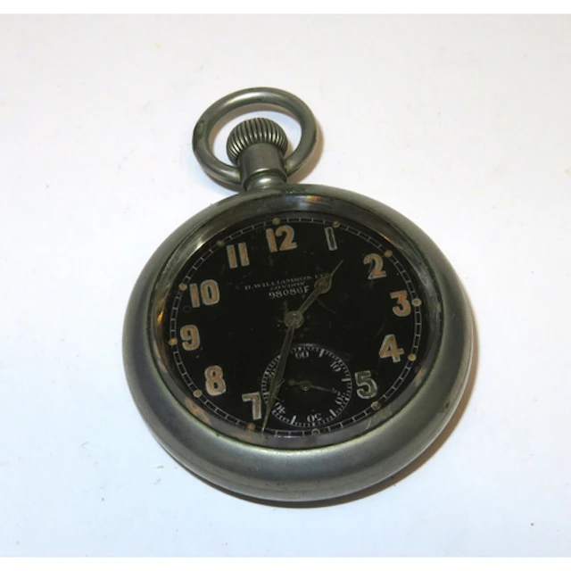 WWI pocket watch, the black dial with Arabic numerals, and s...