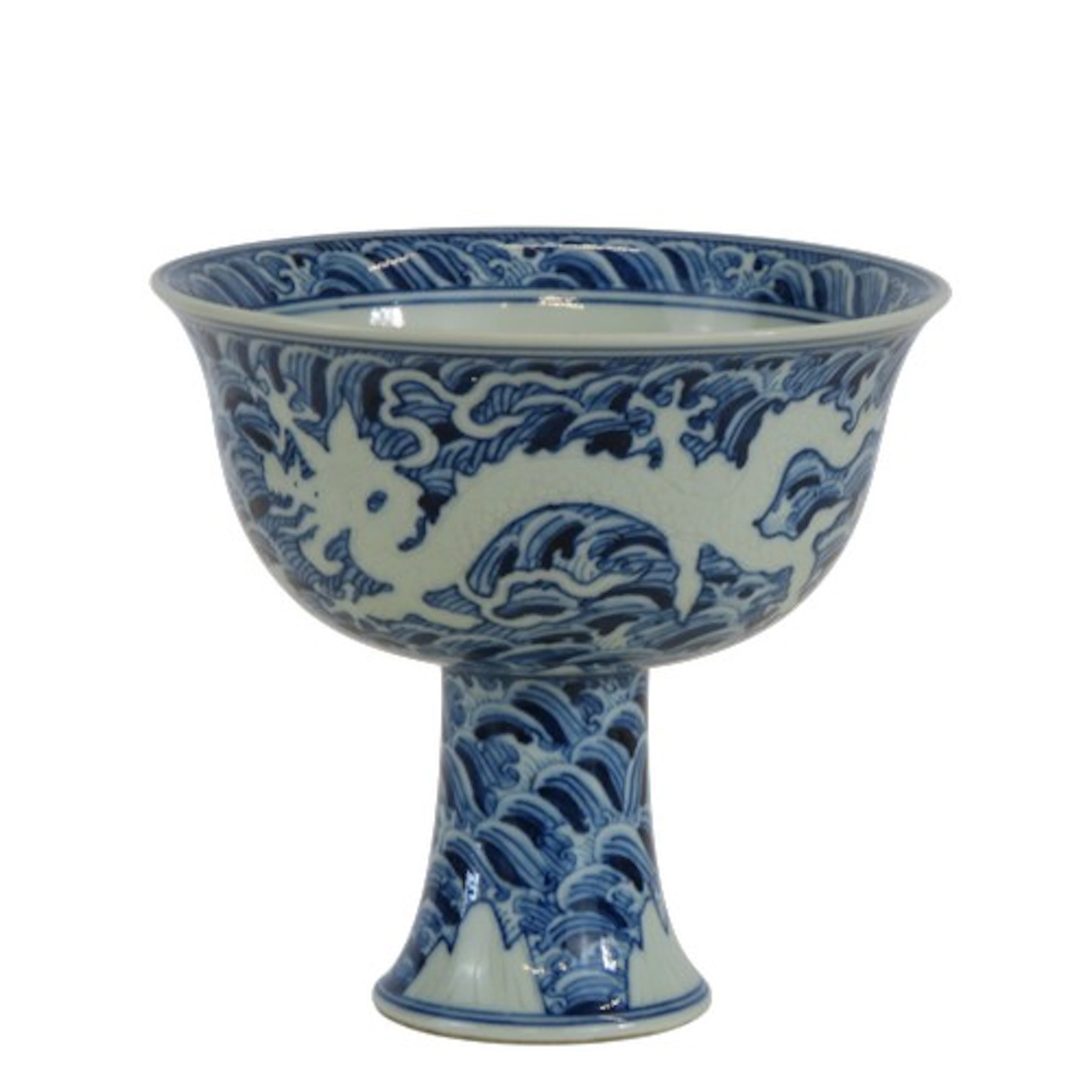 A LARGE BLUE AND WHITE 'DRAGON' STEM CUP XUANDE MARK, 20TH C...