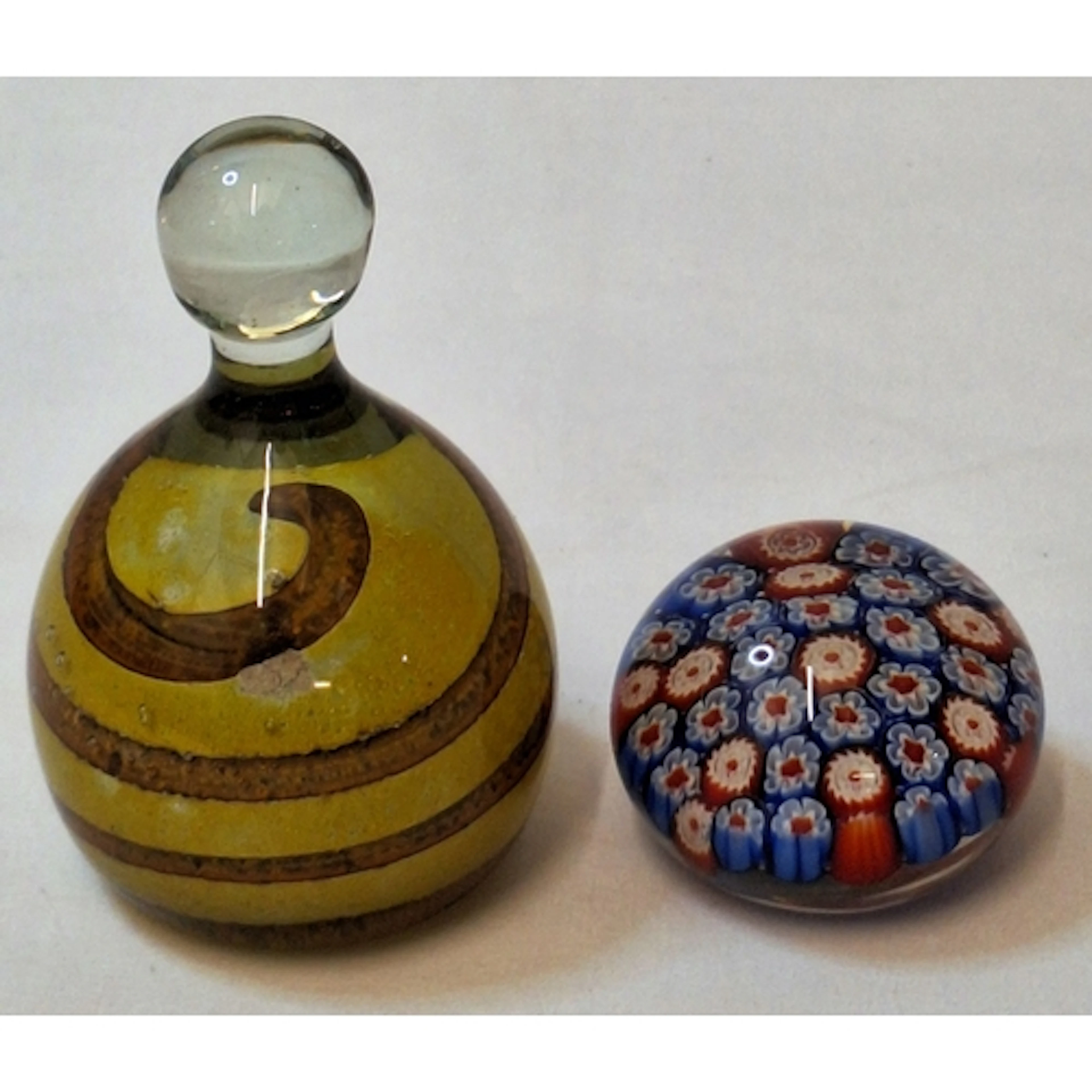 2 Art Glass Paperweights, Mdina with green & brown swirl pat...