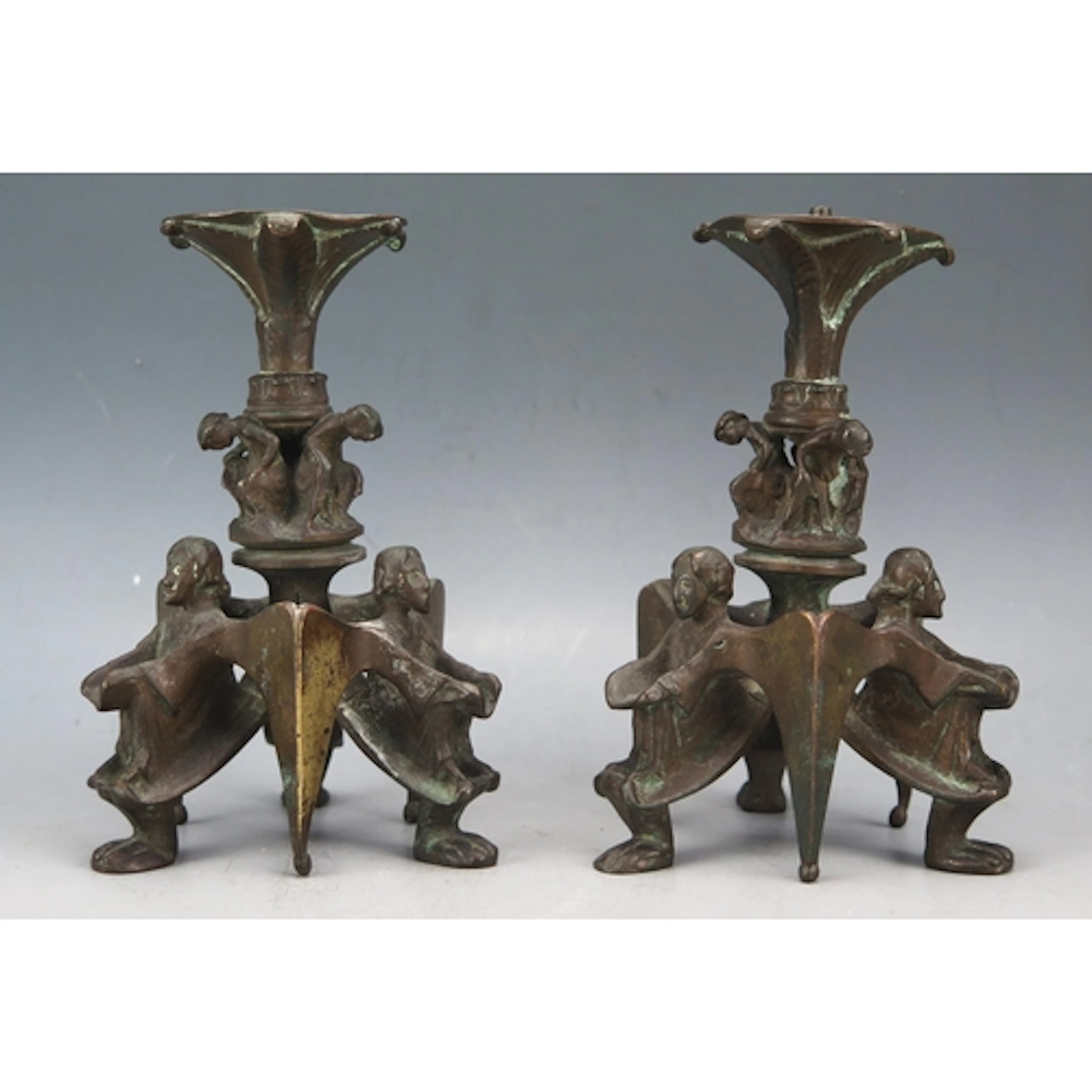 A Pair of 19th Century French Bronze Gothic Candlesticks, th...