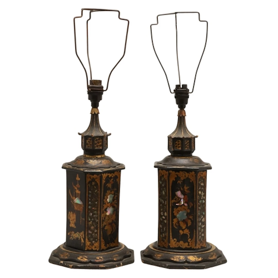 A PAIR OF LATE 19TH CENTURY PAPER MACHE TABLE LAMPS. of octa...
