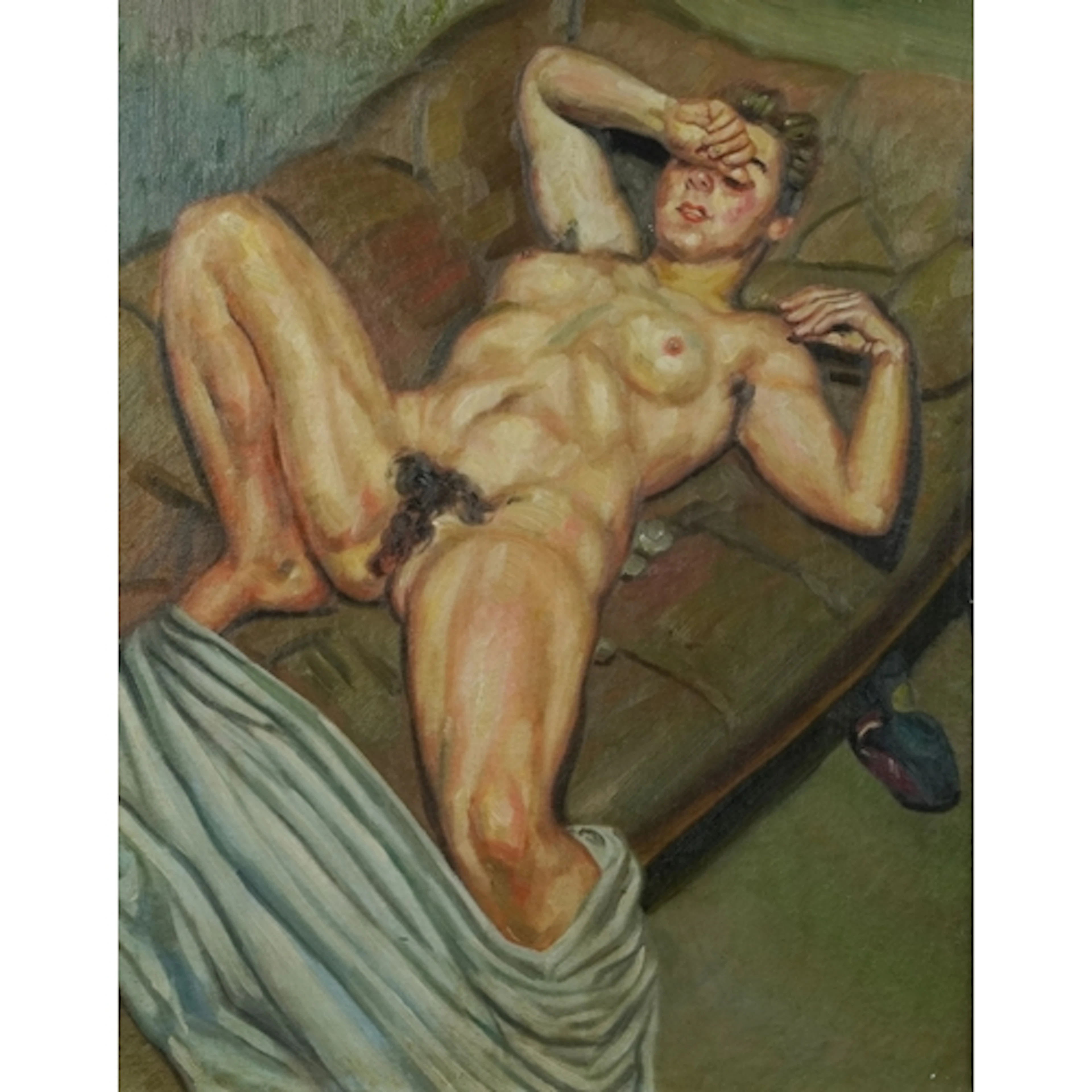 In the manner of Lucian Freud - Nude reclining female, oil o...