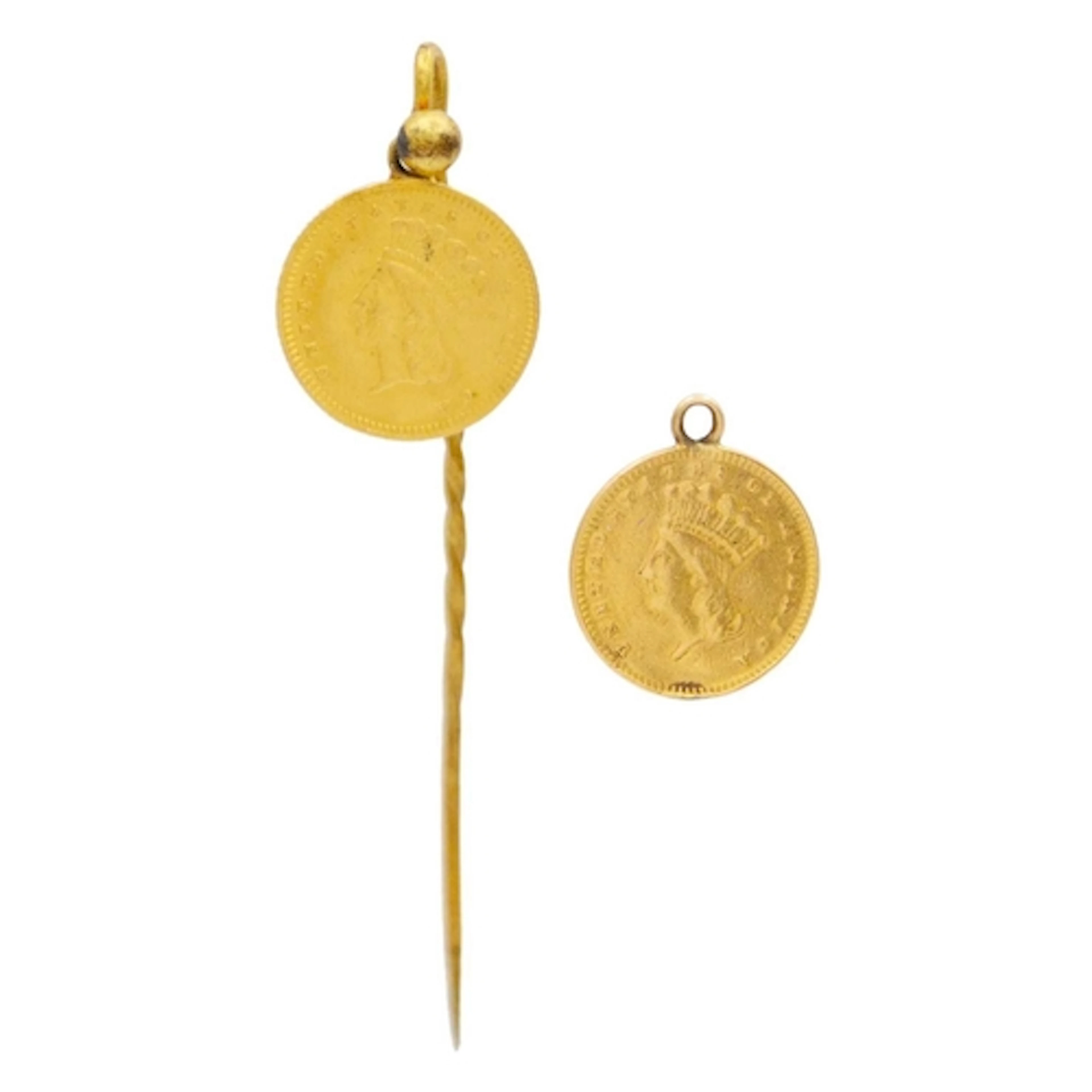 Two US one-dollar gold coins. One from 1862 and the other da...