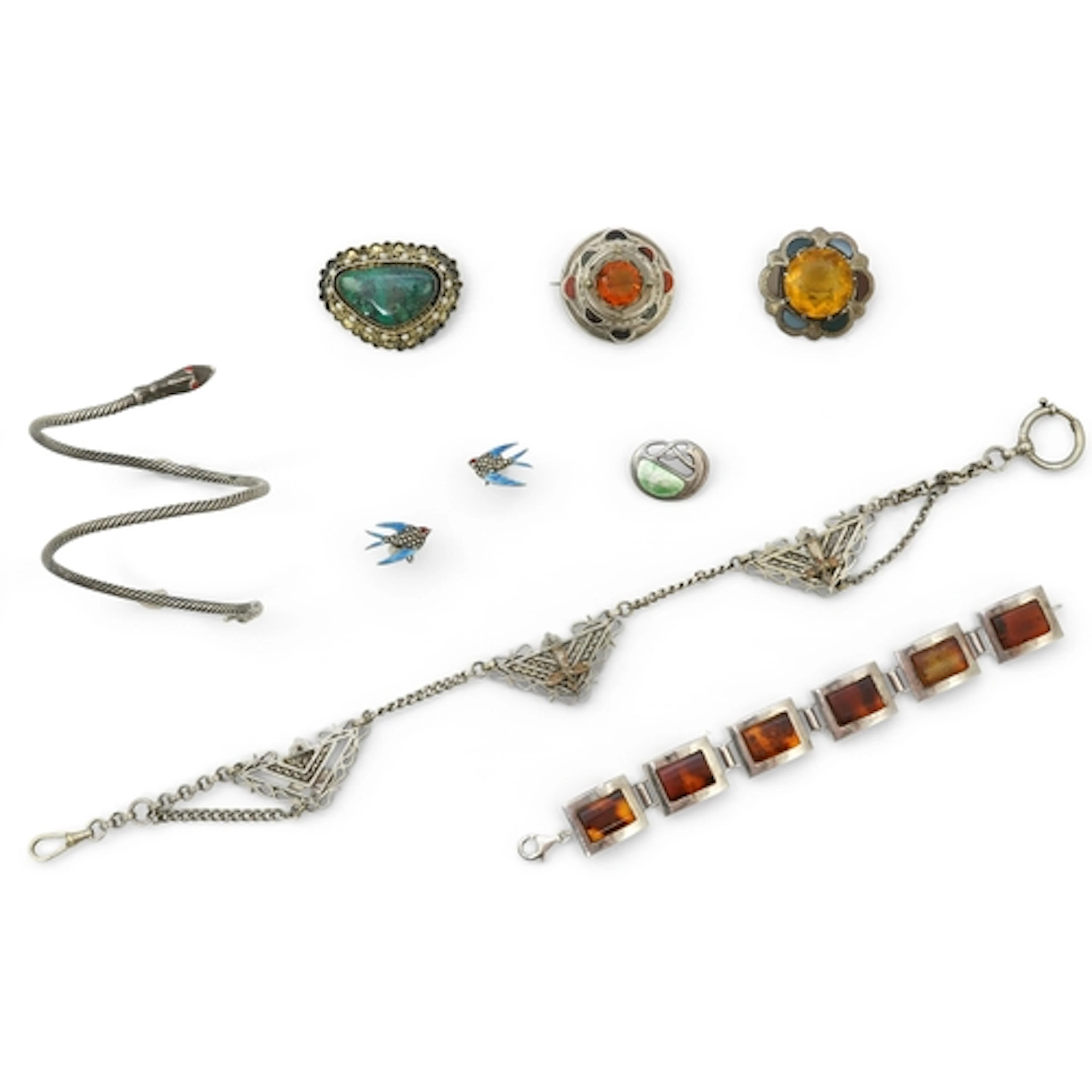 A collection of jewels including a Belgian silver and amber ...