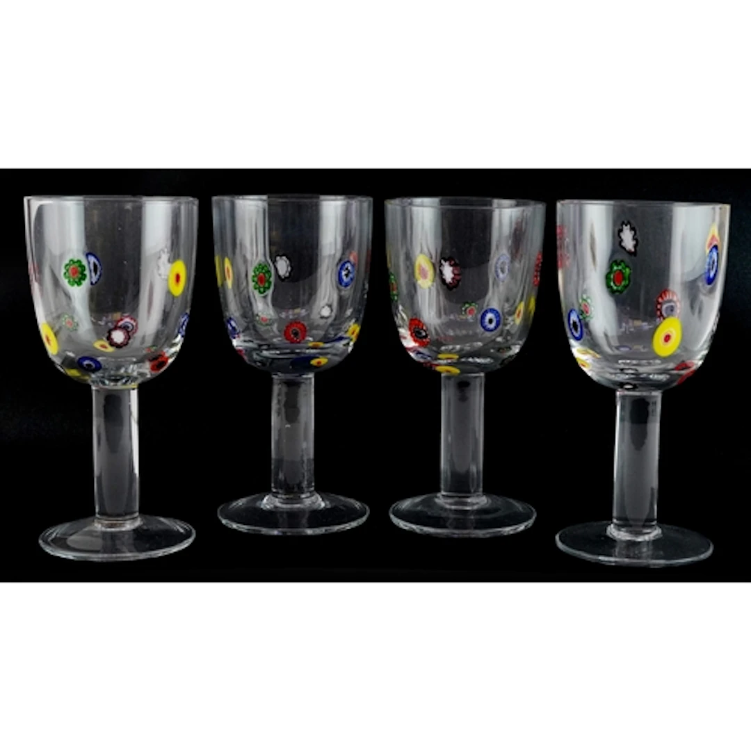 Set of four millefiori style glass goblets, 17cm high.