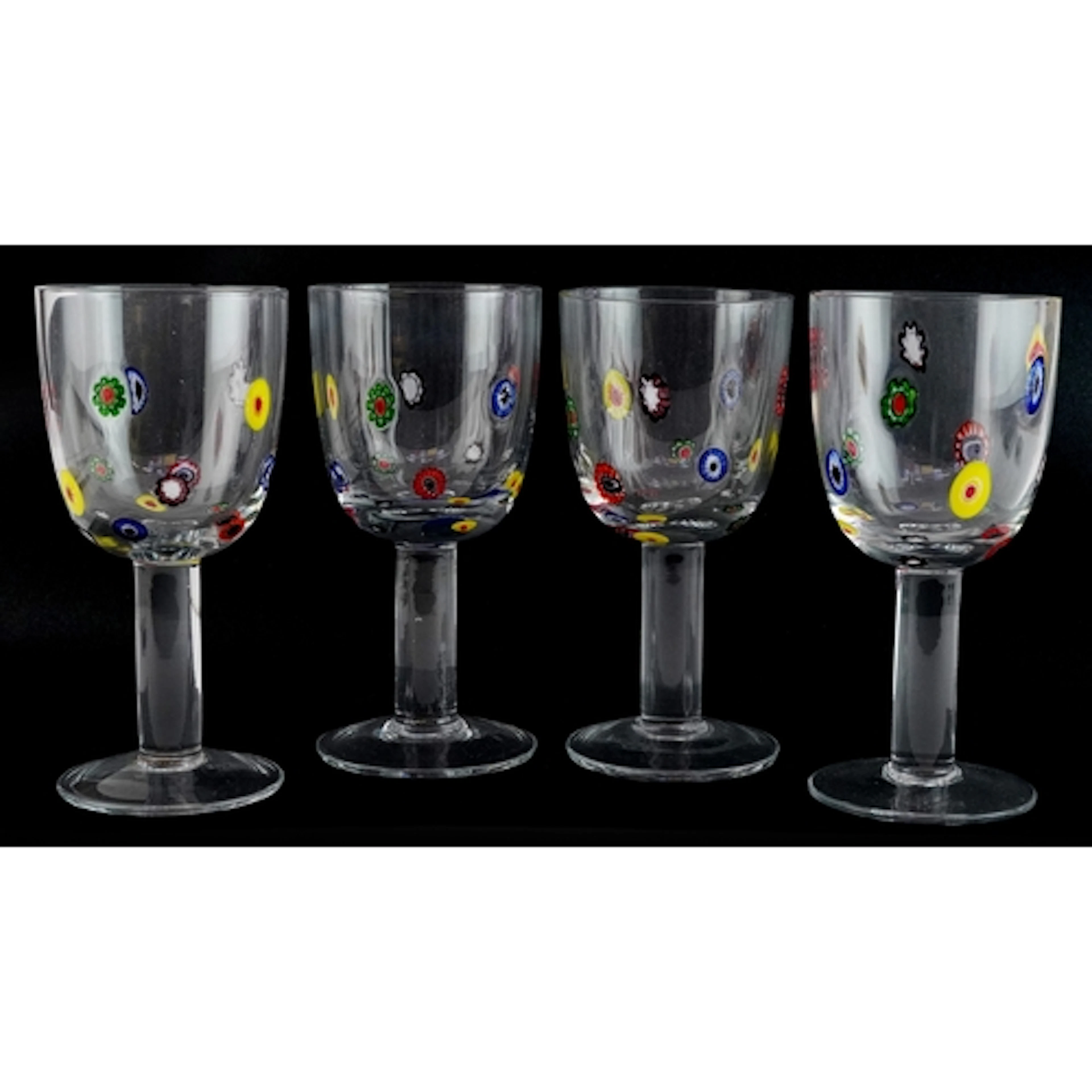 Set of four millefiori style glass goblets, 17cm high.