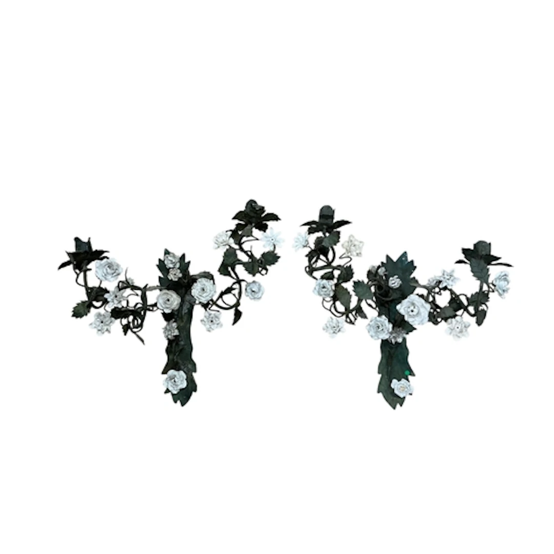 A pair of French toleware and porcelain twin branch floral w...