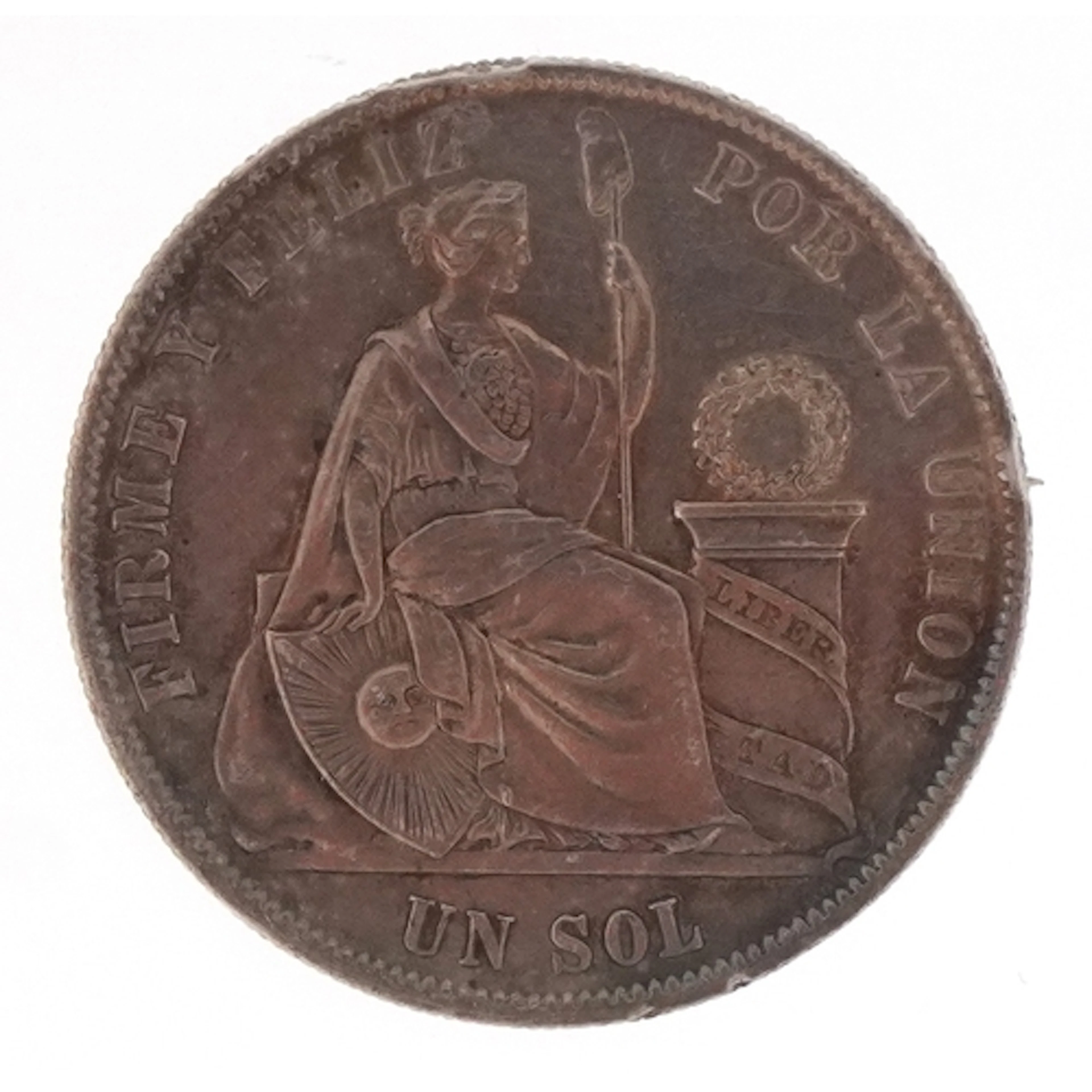 Peru 1869 silver one sol mounted as a pendant, the obverse w...