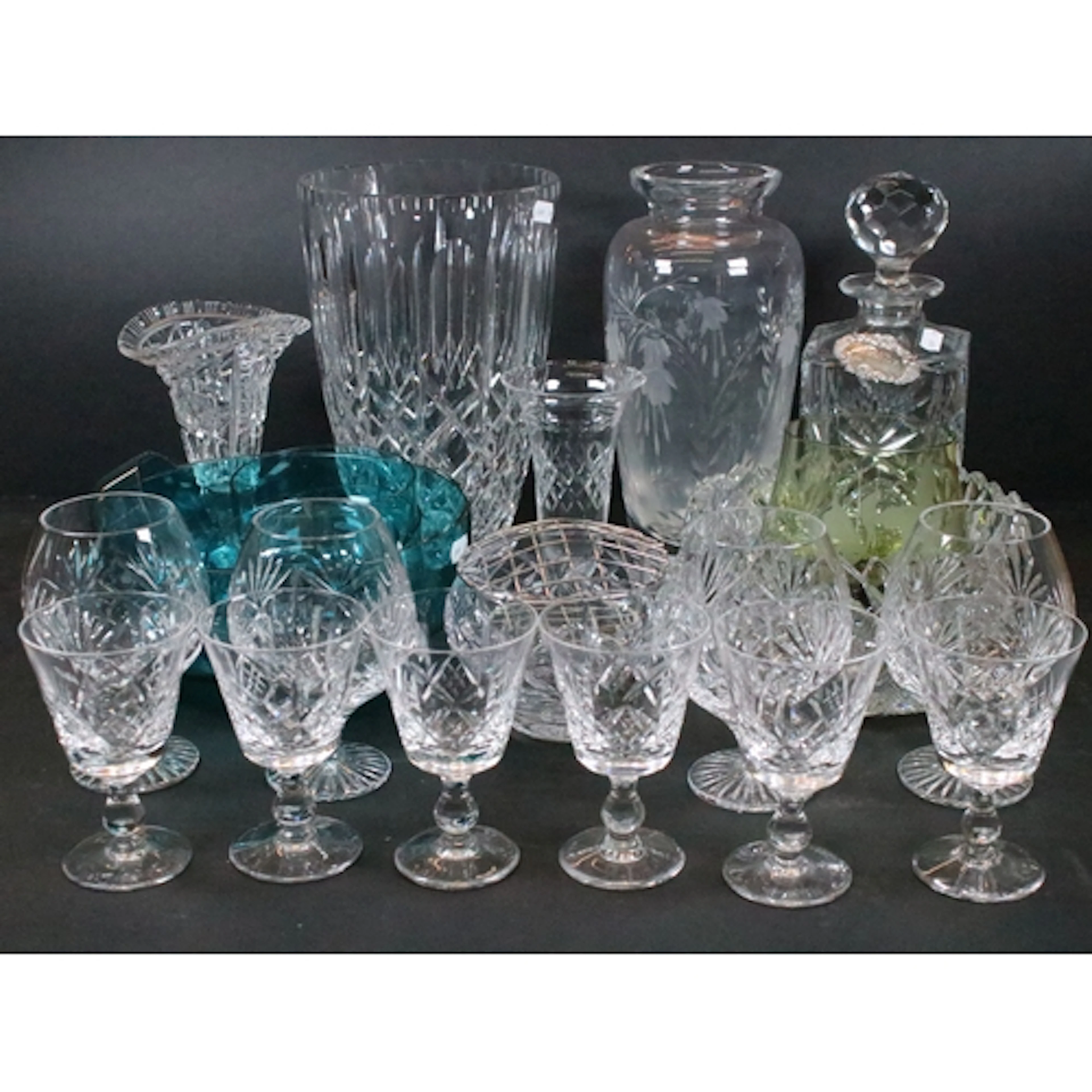 Collection of cut glass, to comprise four Royal Doulton bran...