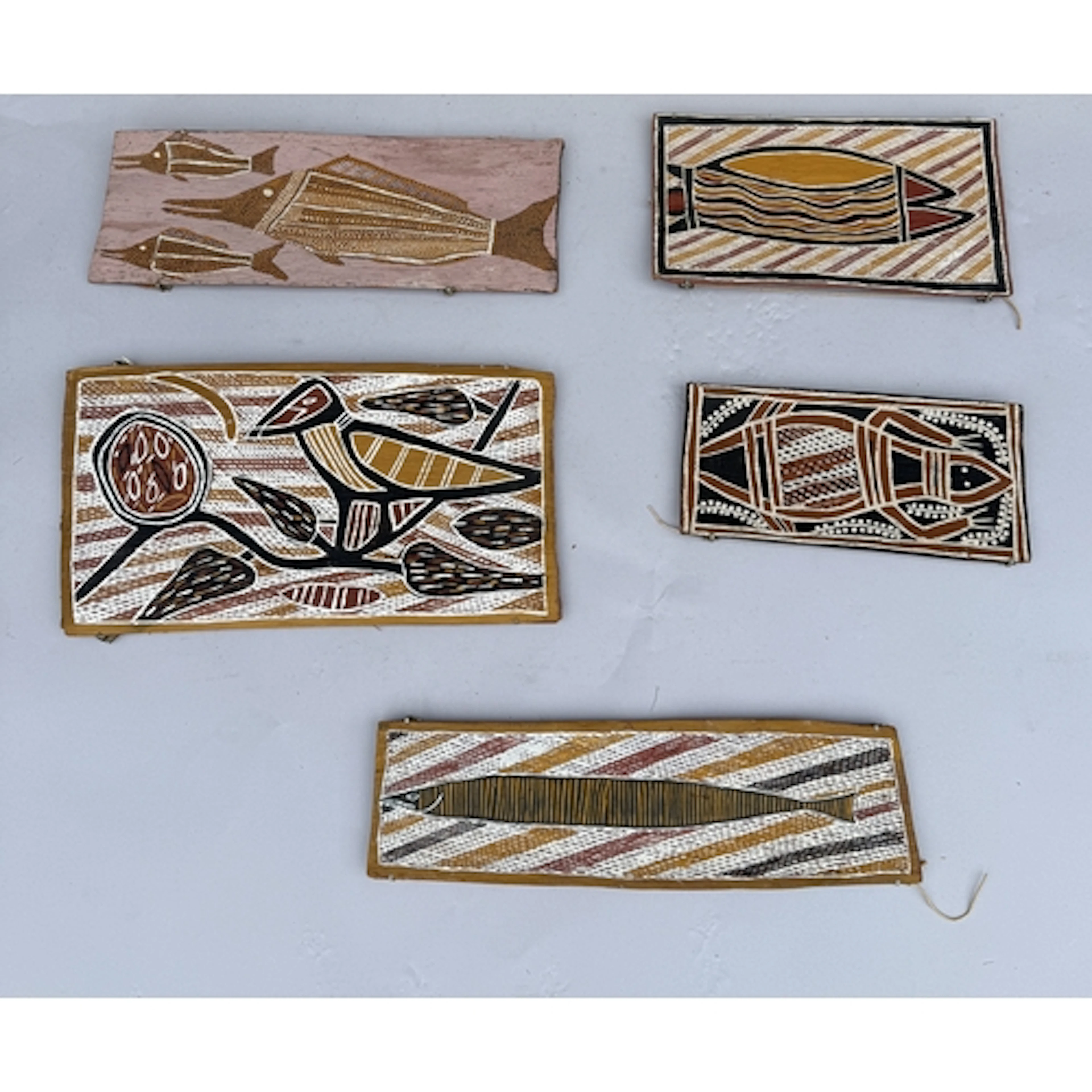 A GROUP OF FIVE ABORIGINAL PAINTINGS, ARNHEM LAND 41 x 22 cm...