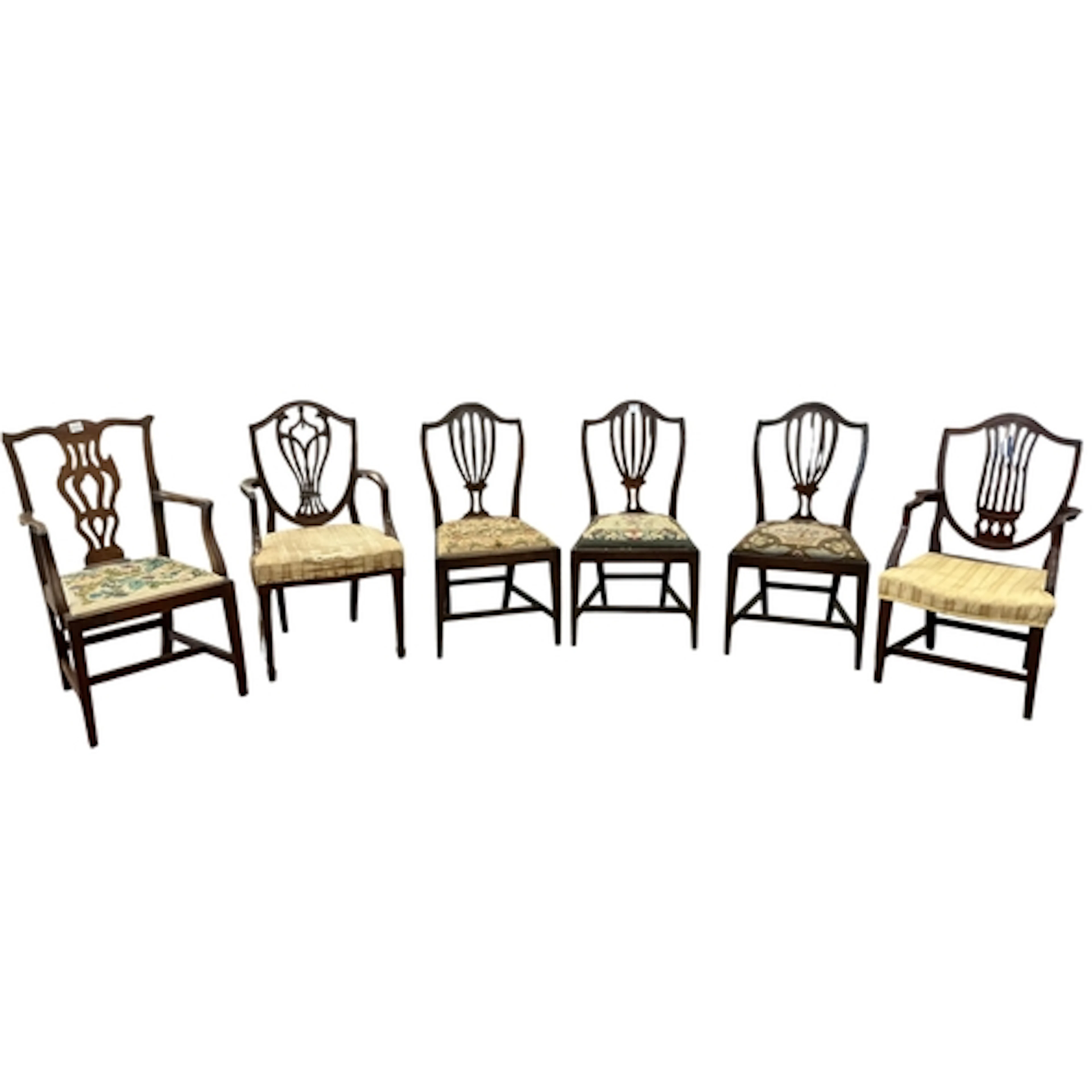 A harlequin set of six mahogany dining chairs (three with ar...