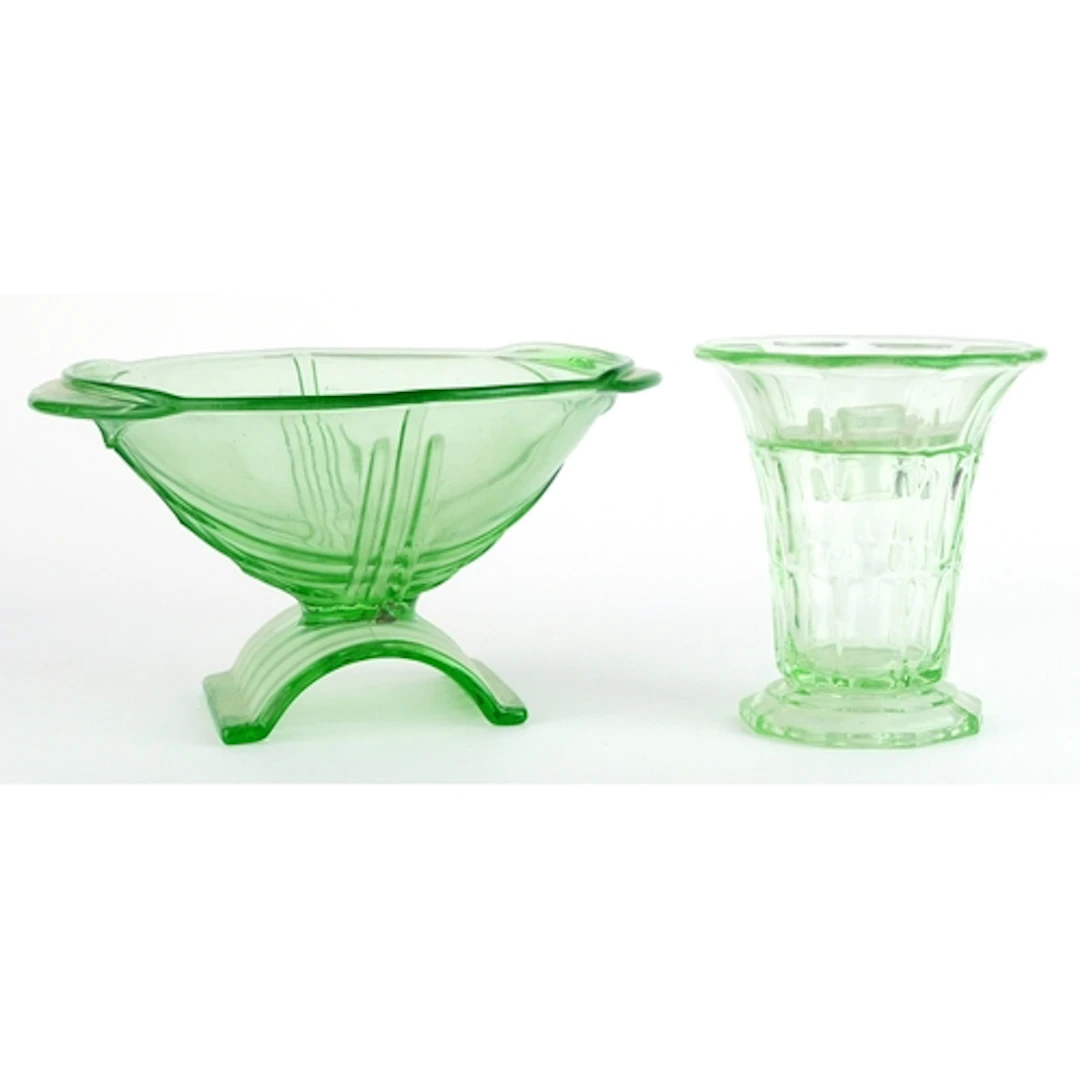Art Deco green uranium glass fruit bowl and vase, the fruit ...